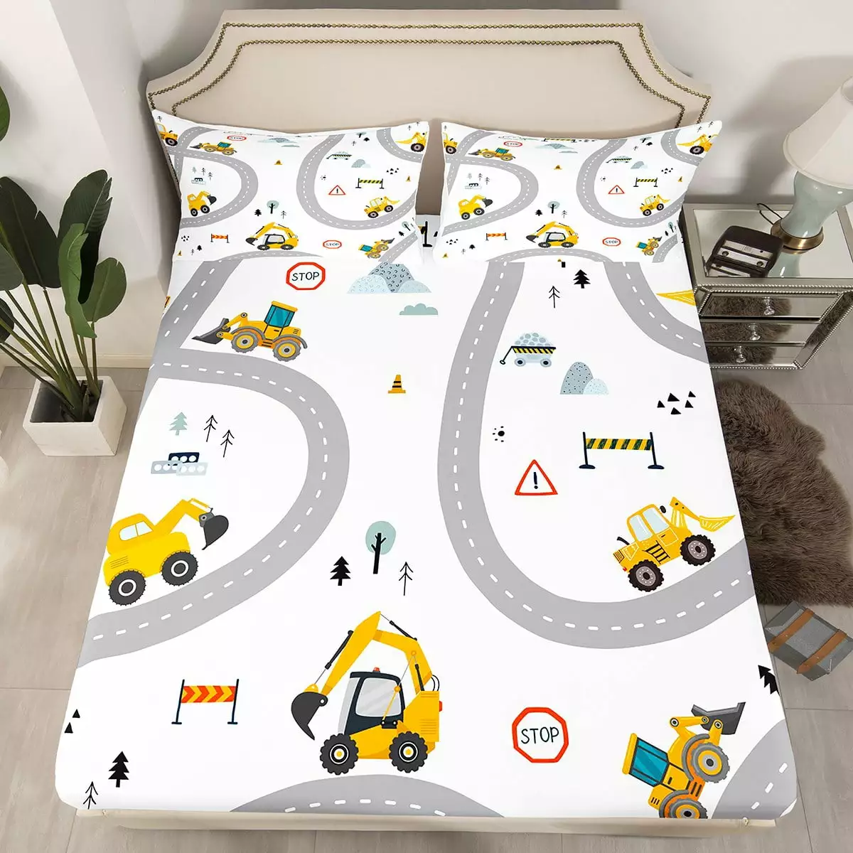 Cartoon Construction Car Fitted Sheet for Boys Girls Youth. Excavator Car Printed Bedding Set Tractor Truck Bed Sheets Cute Room Decor. Soft Microfiber Sheets with 1 Pillowcase. Twin