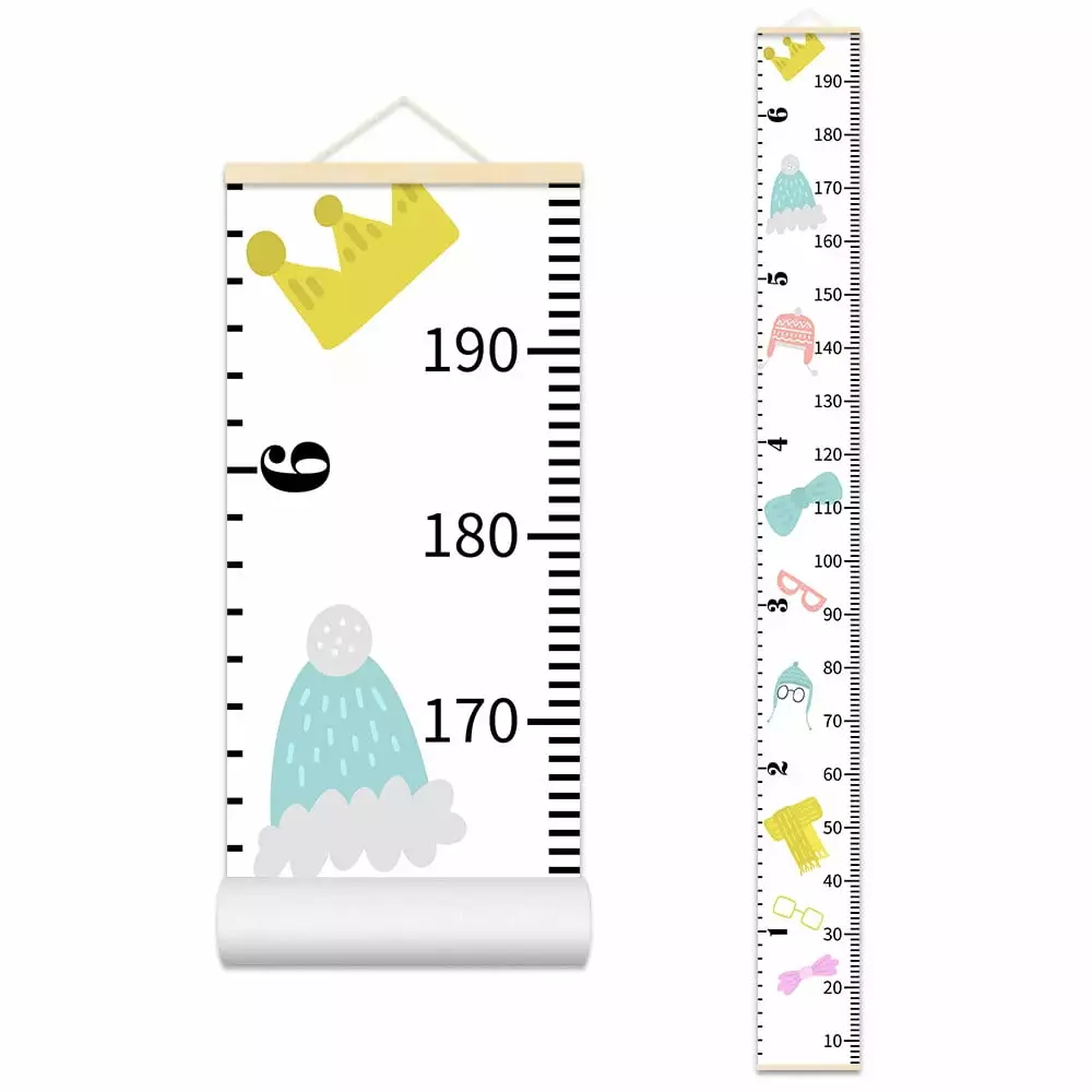 Cartoon Growth Chart for Kids Removable Wall Decor Wood Frame Fabric Canvas Height Measurement Ruler for Kids Nursery Room