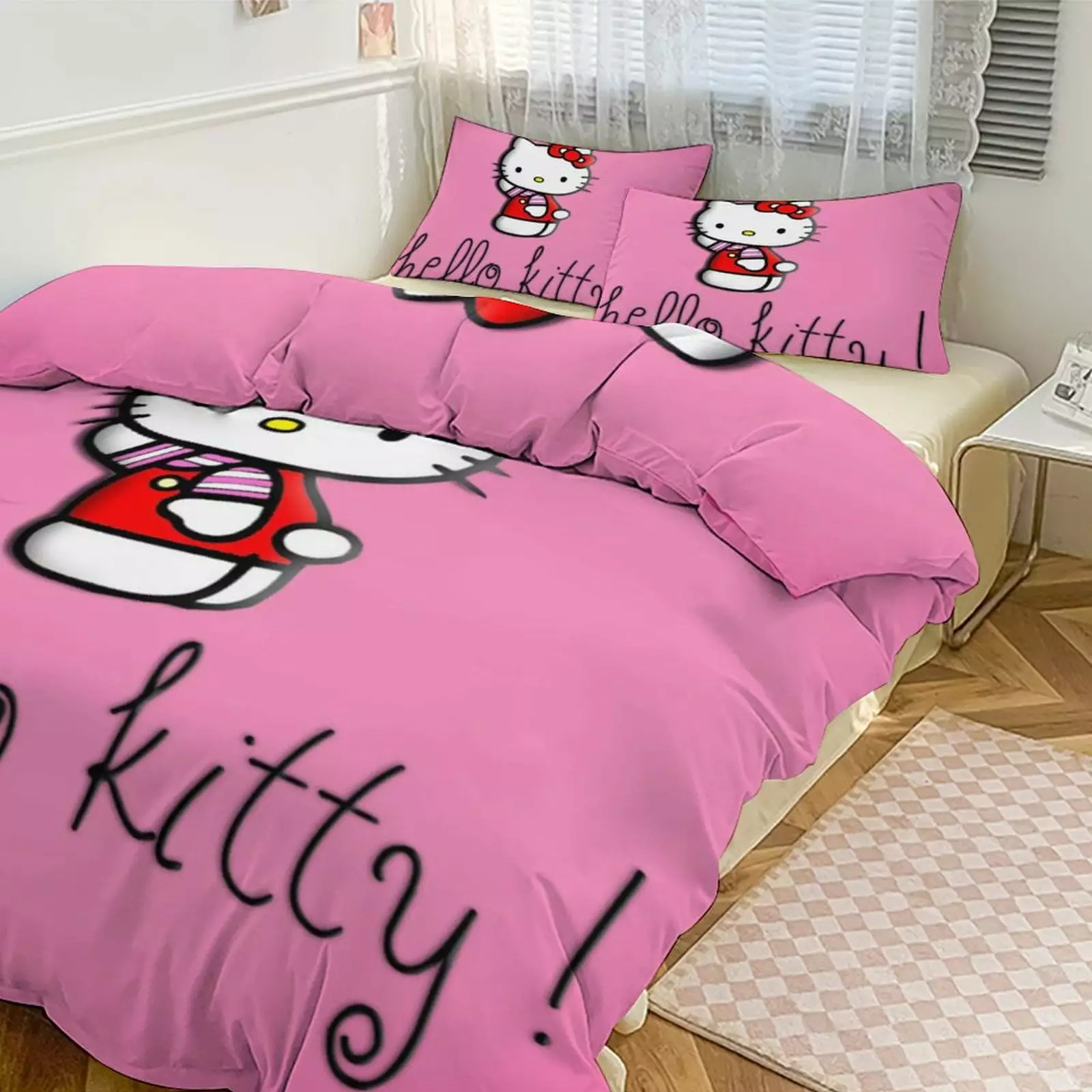 Cartoon Hello Kitty Cat Girl Room Decor Size Bedding Set for Kids 3 Piece Bedding with 1 Flat Sheet And 2 Pillowcases Twin