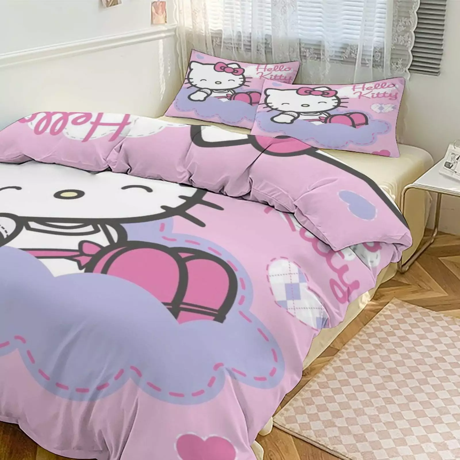 Cartoon Hello Kitty Cloud Heart Girl Room Decor Size Bedding Set for Kids 3 Piece Bedding with 1 Flat Sheet And 2 Pillowcases Twin