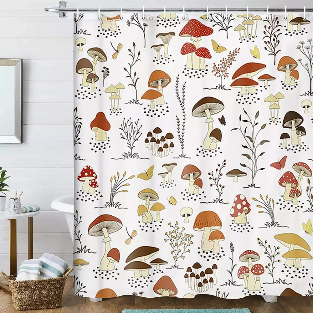 Cartoon Mushrooms and Butterflies Shower Curtain for Bathroom. Colorful Wild Plants and Fungus Shower Curtain Set. Cute Natural Plants Abstract Art Fabric Modern Kids Bath Curtain 12PCS Hooks