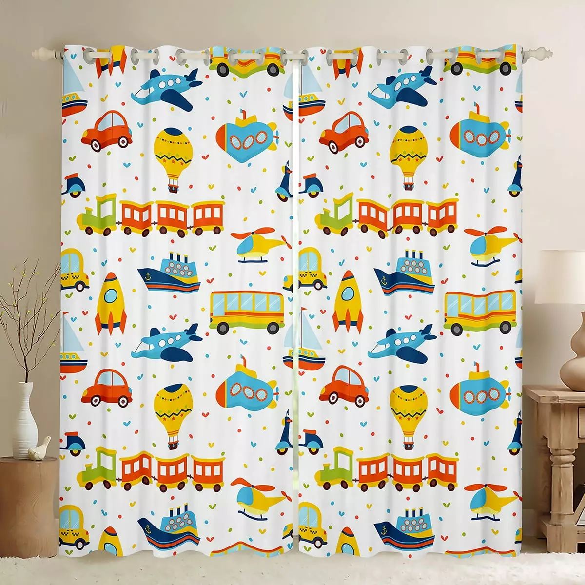 Cartoon Train Blackout Curtains Airplane Curtains 2 Panels 42Wx63L.Watercolor Transport Bus Curtains & Drapes Steamship Sailboat Submarine Rainbow Aircraft Hot Air Balloon Room Decor