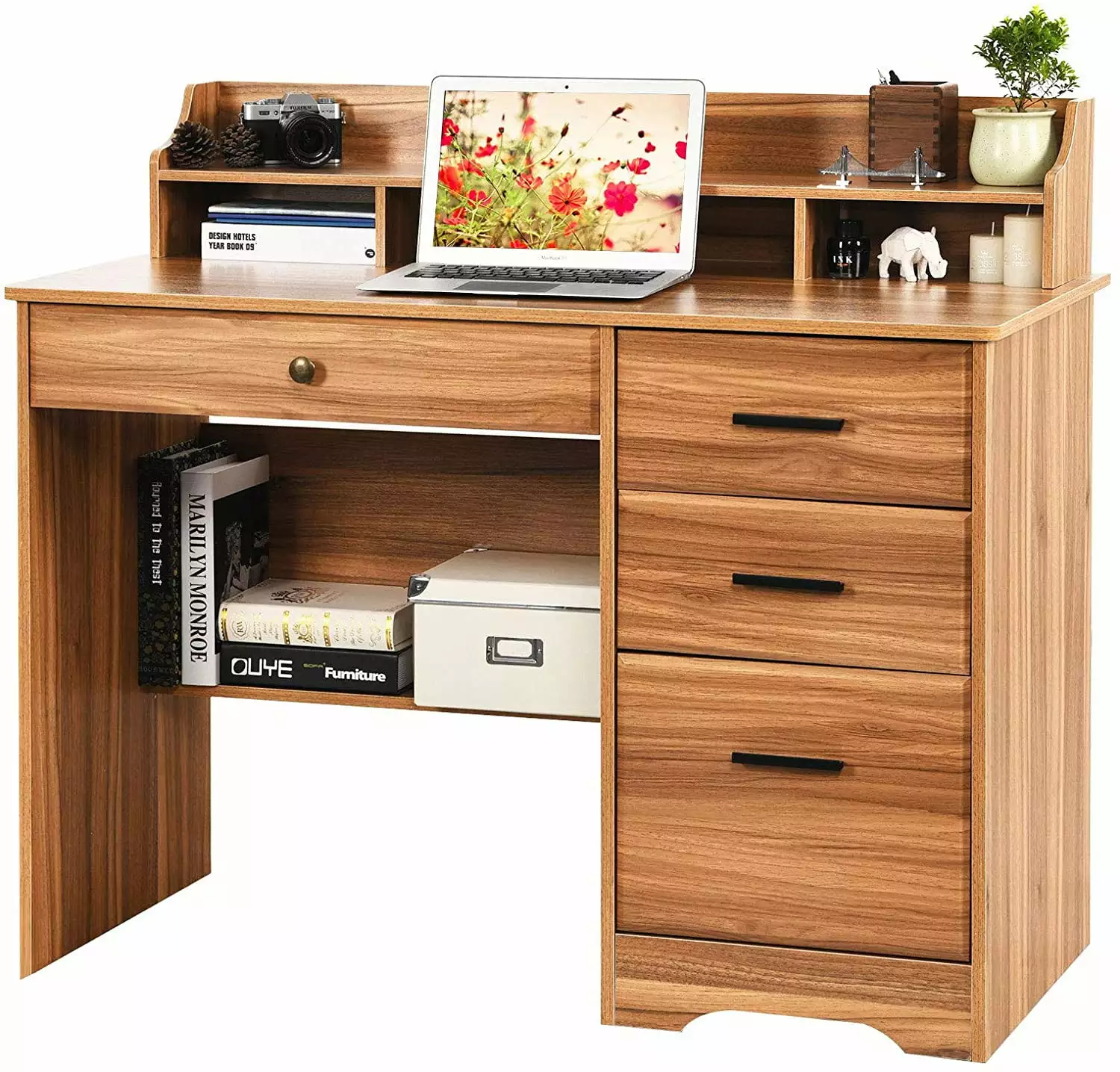 Catrimown Computer Desk with Drawers. Wood Home Office Desk with Storage Shelves. PC Desk with Monitor Stand. Rustic Brown