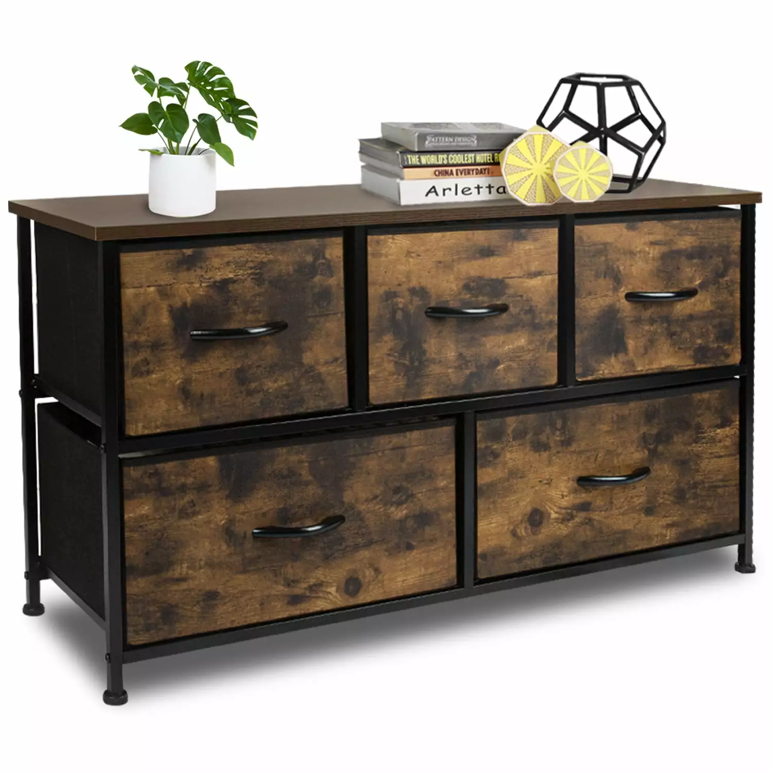 Cerbior 5 Drawer Dresser for Bedroom Tall Fabric Dresser Storage Tower Cabinet Bin Storage Organizer for Living Room Kids Room - Rustic Brown