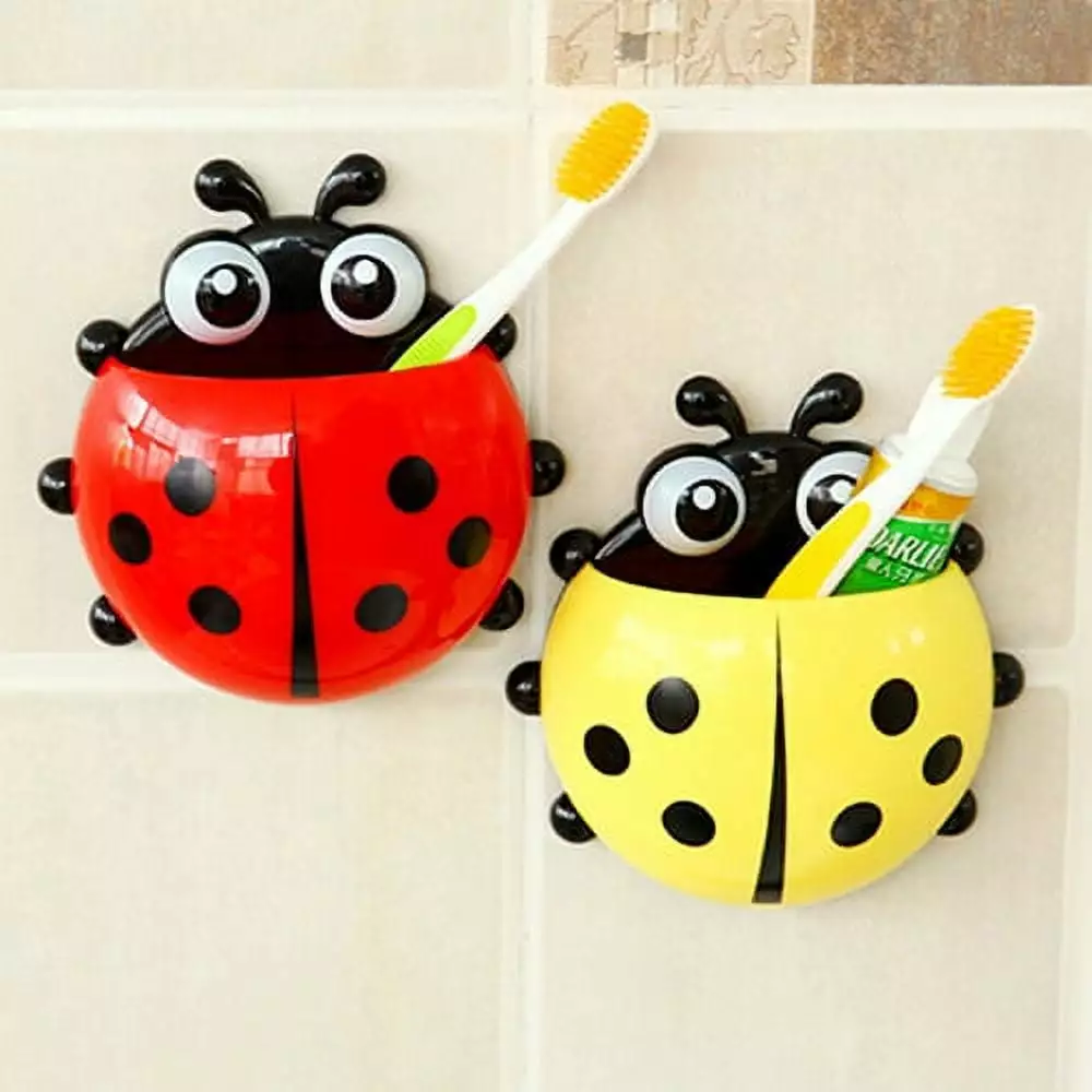 Cheers.US 1Pcs Cartoon Ladybug Kids Wall Suction Cup Mount Toothbrush Toothpaste Holder Pencil Pen Container Box Travel Organizer Plastic Pocket Storage Organizer