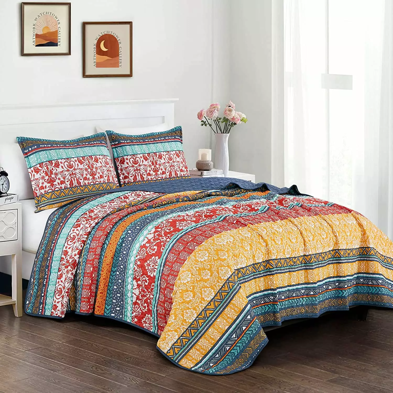 Chezmoi Collection Amara 3-Piece Boho Stripe Quilt Set. Floral Colorful Bohemian Printed Microfiber Lightweight Bedspread Set. King (118 x 95)