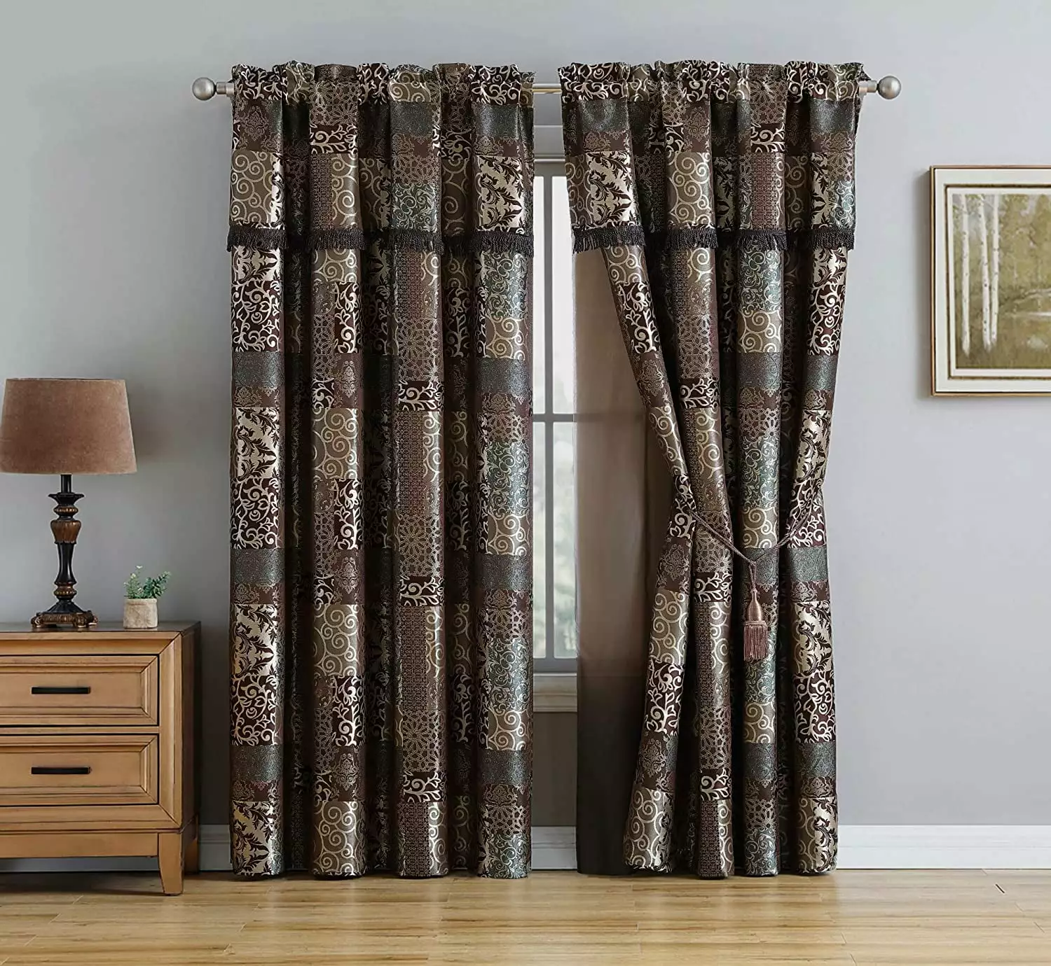 Chezmoi Collection Amelia 4-Piece Floral Jacquard Patchwork Window Curtain Set