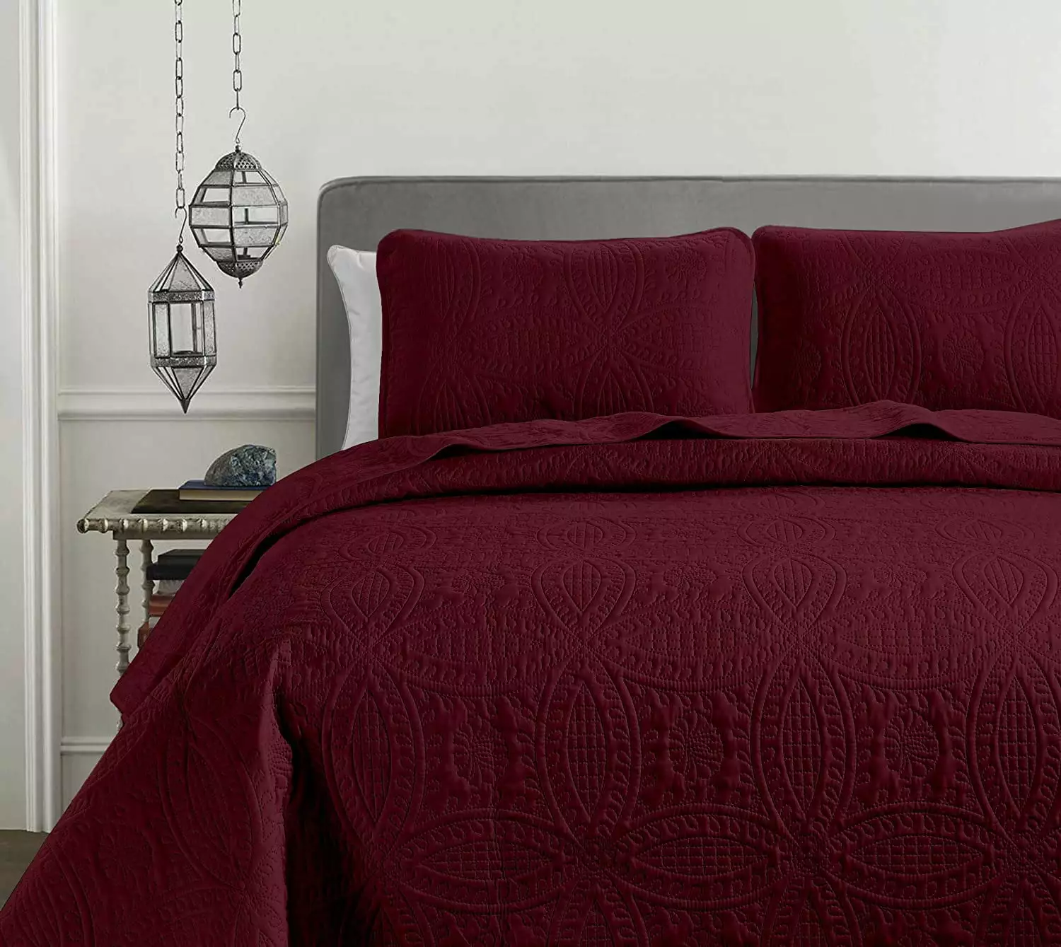 Chezmoi Collection Austin 3-Piece Oversized Bedspread Coverlet Set. Burgundy. King