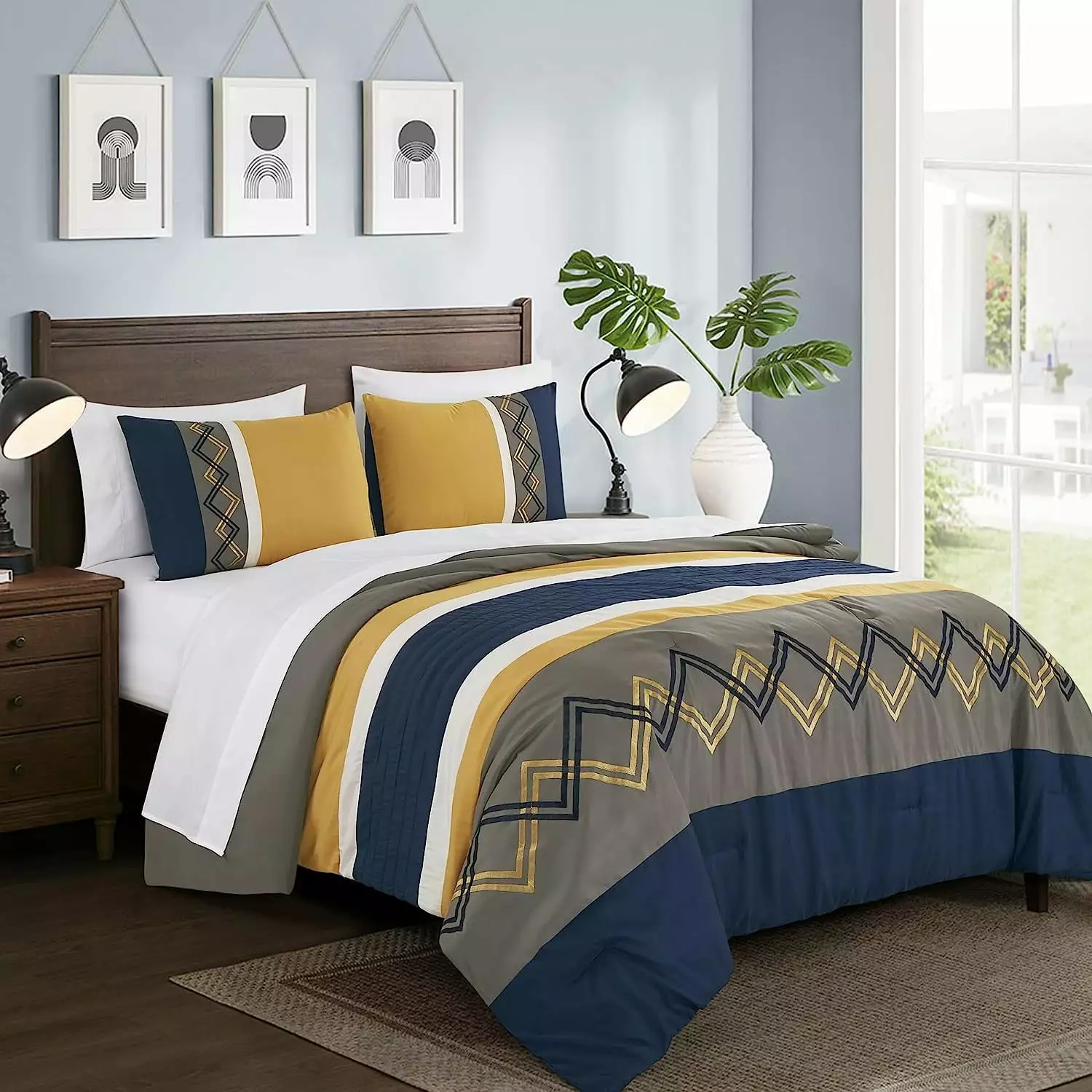 Chezmoi Collection Jaxson Queen Bed in a Bag 7-Piece Comforter Set with Sheets Modern Pleated Stripe Embroidered Navy/Gray/Yellow/White Zigzag Lightweight All Season Bedding