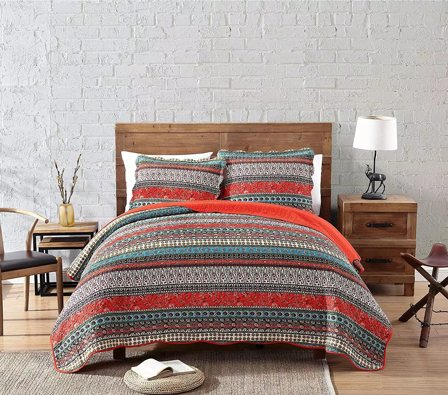 Chezmoi Collection Odette Boho Chic Bohemian 100% Cotton Quilt Set. Queen. Orange. 3-Pieces