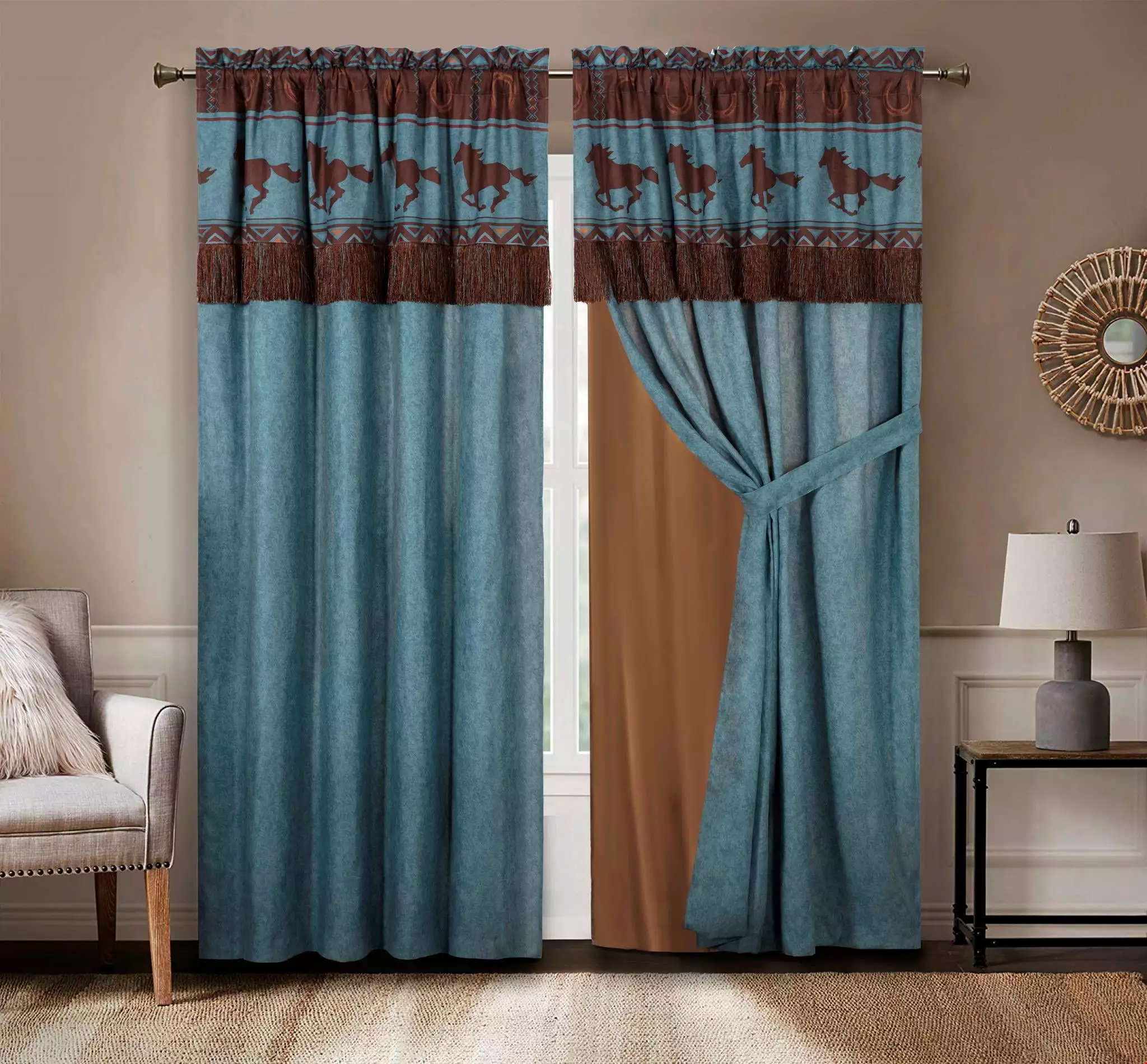 Chezmoi Collection Sedona 4-Piece Southwestern Wild Horses Window Curtain Set. Turquoise Blue