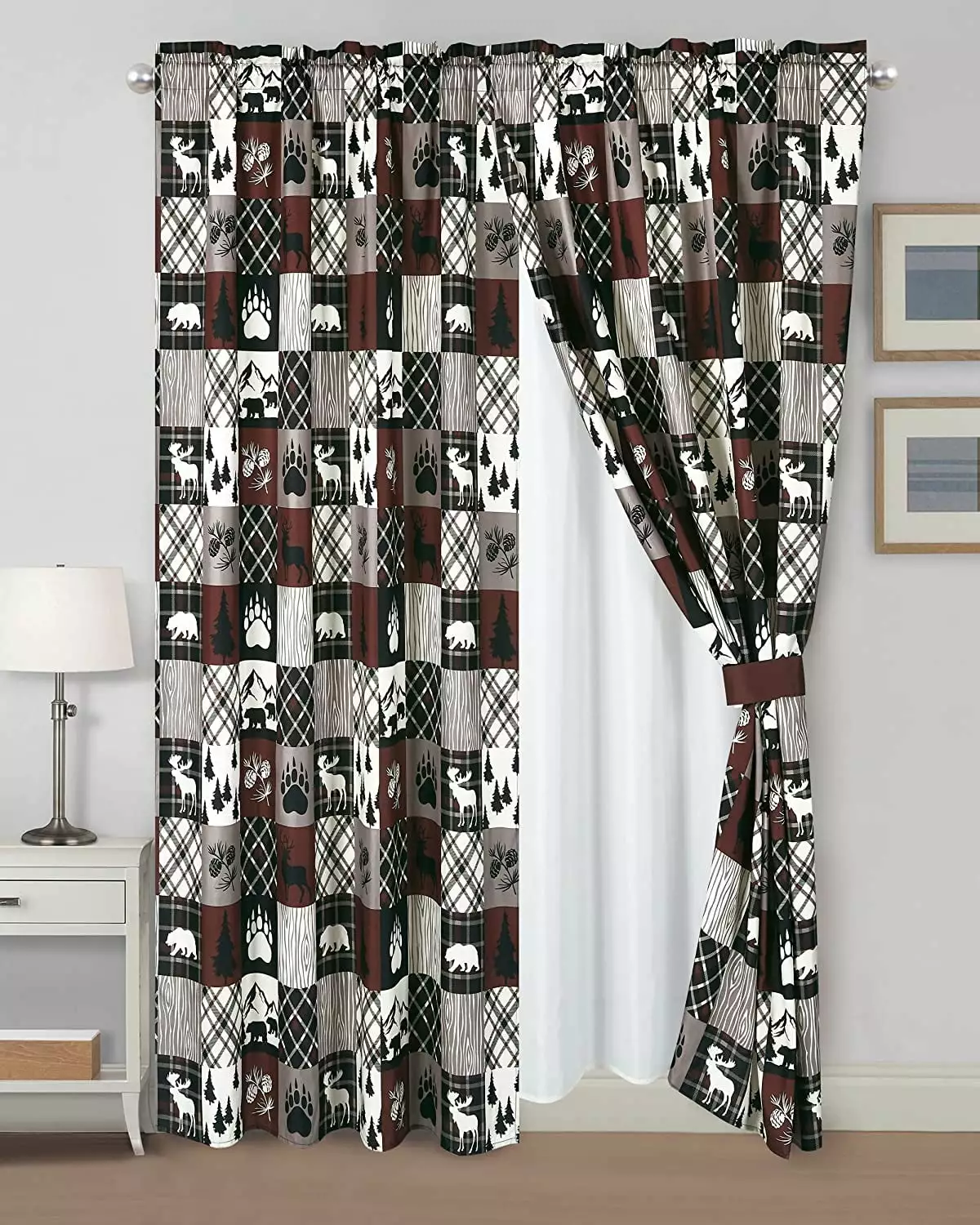 Chezmoi Collection Vista 4-Piece Southwestern Cabin Lodge Window Curtain Set with Sheer Backing. Red White Black Gray Grizzly Bear. 120 inch x 84 inch