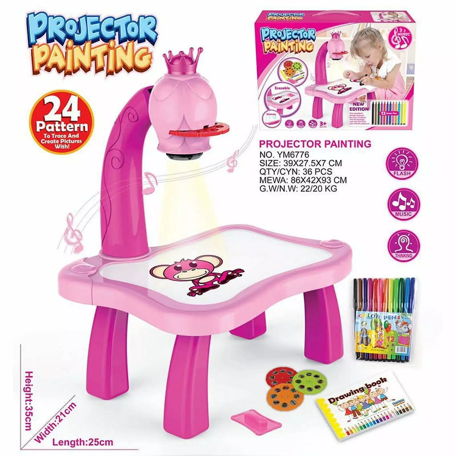 Children Led Projector Art Drawing Table Toys Kids Painting Board Desk Arts Crafts Educational Learning Paint Tools Toy for Girl (No Battery)Pink