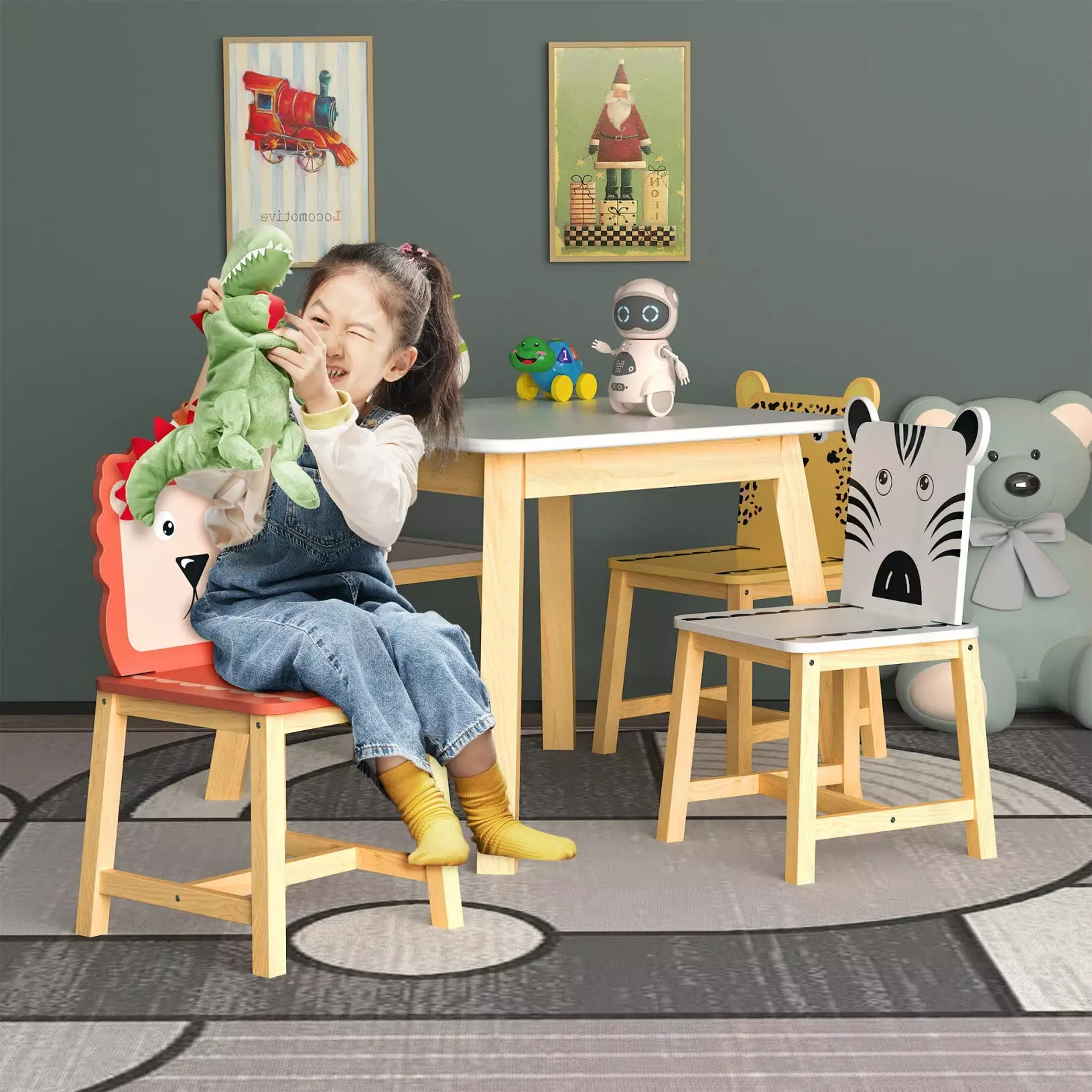 Children Table and Chair Set of 5. Cartoon Animal Wooden Table Set with 4 Animal Backrest Chair.1 Bigger Square Table. 5pcs Kiddy Dining Table Set for Kindergarten. Kitchen. Dining Room. Bed Room