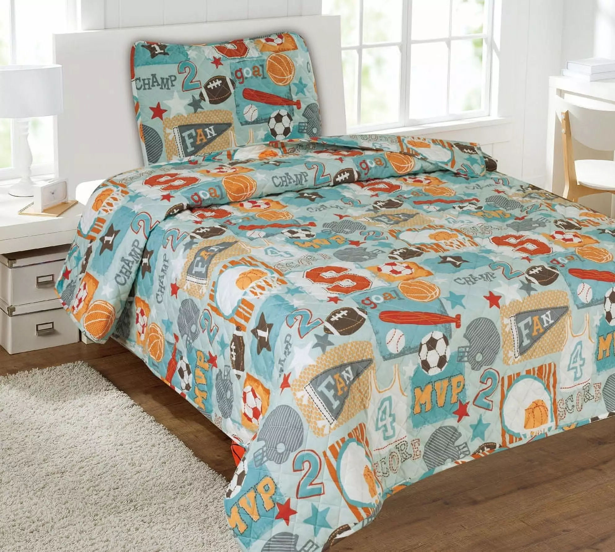 Children's 2 Piece Quilted Bed Spread Cover - Sports Champ