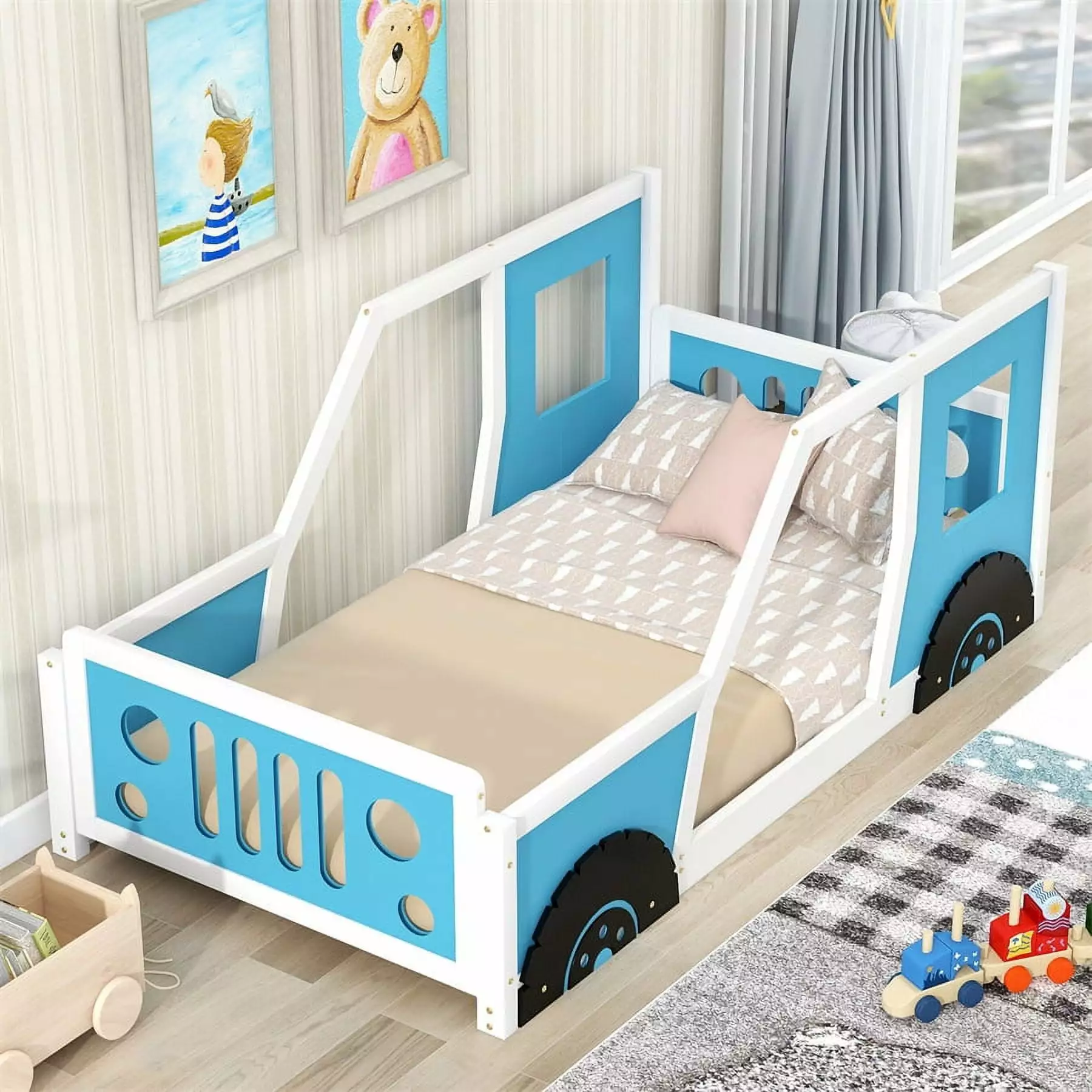 Children's Car Shaped Platform Bed Frame with Wheels. Windows and Doors. Wooden Kids Car Bed Floor Bed Frame with Headboard. Footboard and Wood Slats Support. No Box Spring Needed. Blue