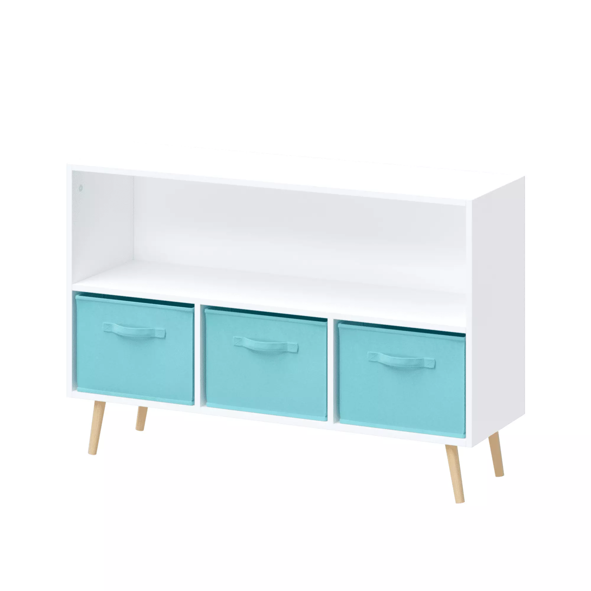 Children's White Bookcase with Collapsible Fabric Drawers. Kid's Cubby Toy Storage Cabinet. Toy Chest for Bedroom Living Room. White/Blue