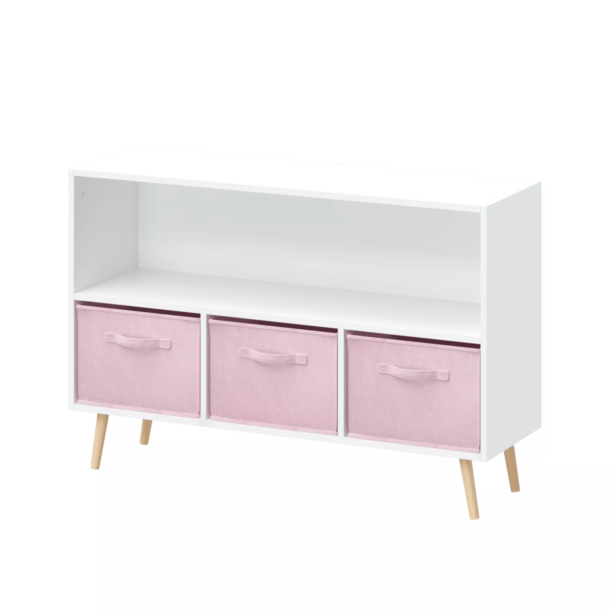 Children's White Bookcase with Collapsible Fabric Drawers. Kid's Cubby Toy Storage Cabinet. Toy Chest for Bedroom Living Room. White/Pink