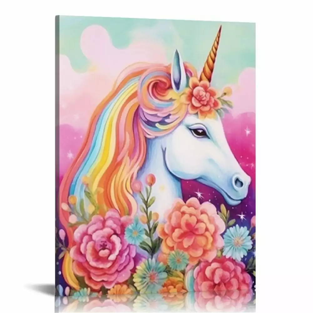 Chilfamy Unicorn Wall Decor Pictures Pink Girls Room Bedroom Bathroom Wall Art Cute Unicorn Watercolor Painting Artwork Pink Rainbow Framed Canvas Print Nursery Kids Birthday Gifts 16x20 in/12x16 in