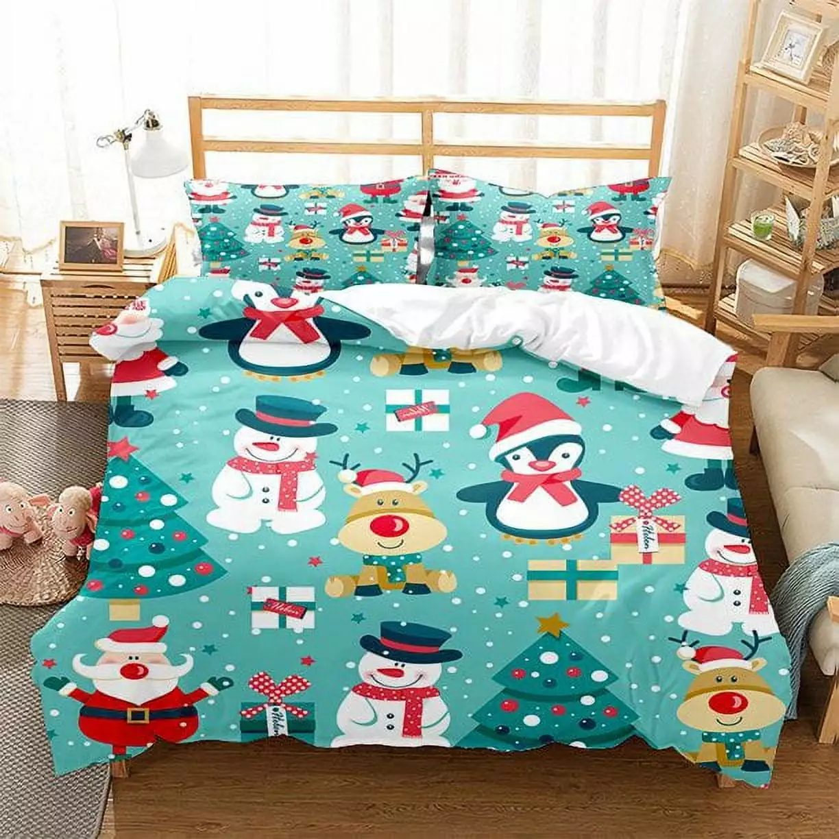 Christmas Quilt Set Snowman Elk Deer Bedspreads Christmas Tree Coverlet Lightweight Rustic Quilt with 2 Pillowcases for Home Decor(1 Duvet Cover+2 Pillowcases)