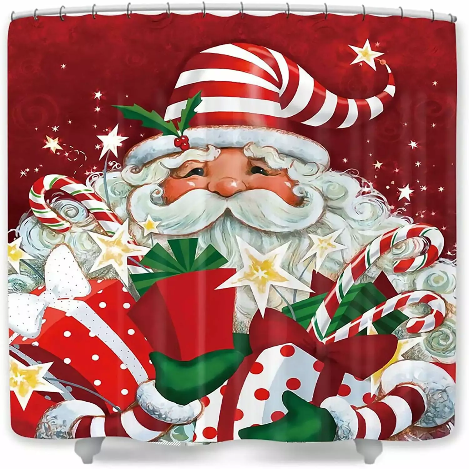 Christmas Shower Curtains for Bathroom. Festive Cute Cartoon Santa Claus with Many Gifts Merry Christmas Shower Curtains