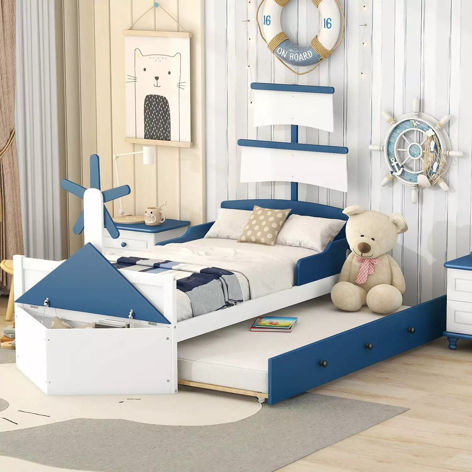 Churanty Kids Twin Bed with Trundle and Storage. Solid Wood Boat-Shaped Platform Bed Frame for Girls Boys Bedroom.Blue