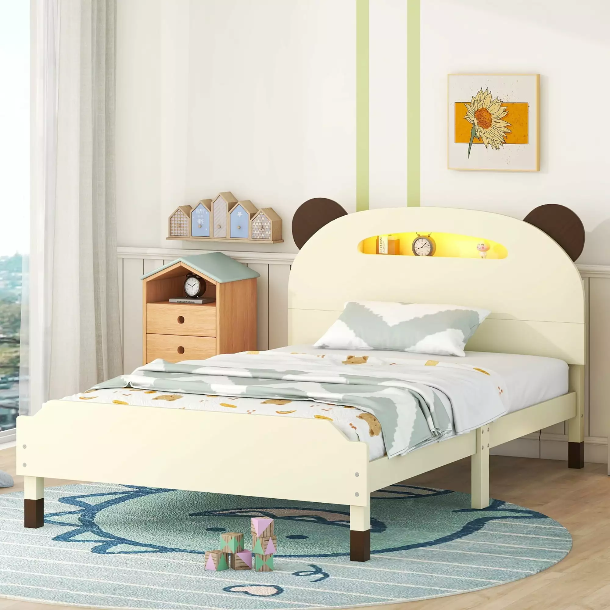 Churanty Twin Size Cute Kids Bed Frame with Bear Shaped Headboard.Wood Platform Bed with Motion Activated Night Lights.Cream