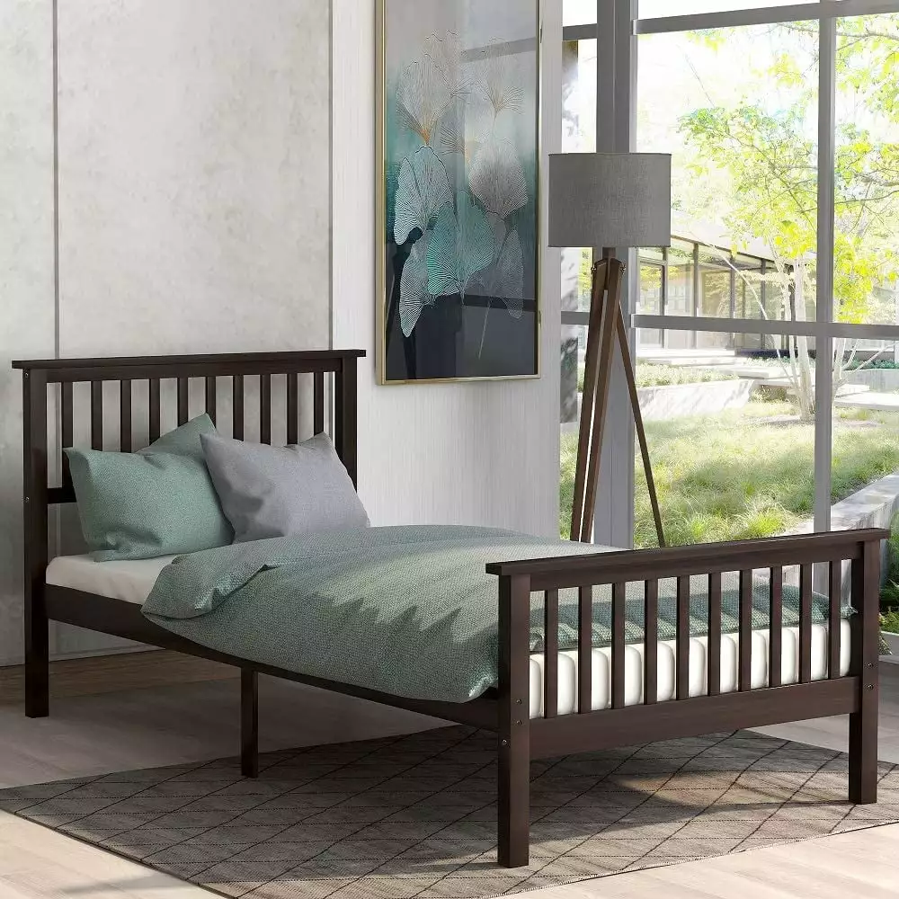 Churanty Wood Platform Bed with Headboard and Footboard for Bedroom.Espresso