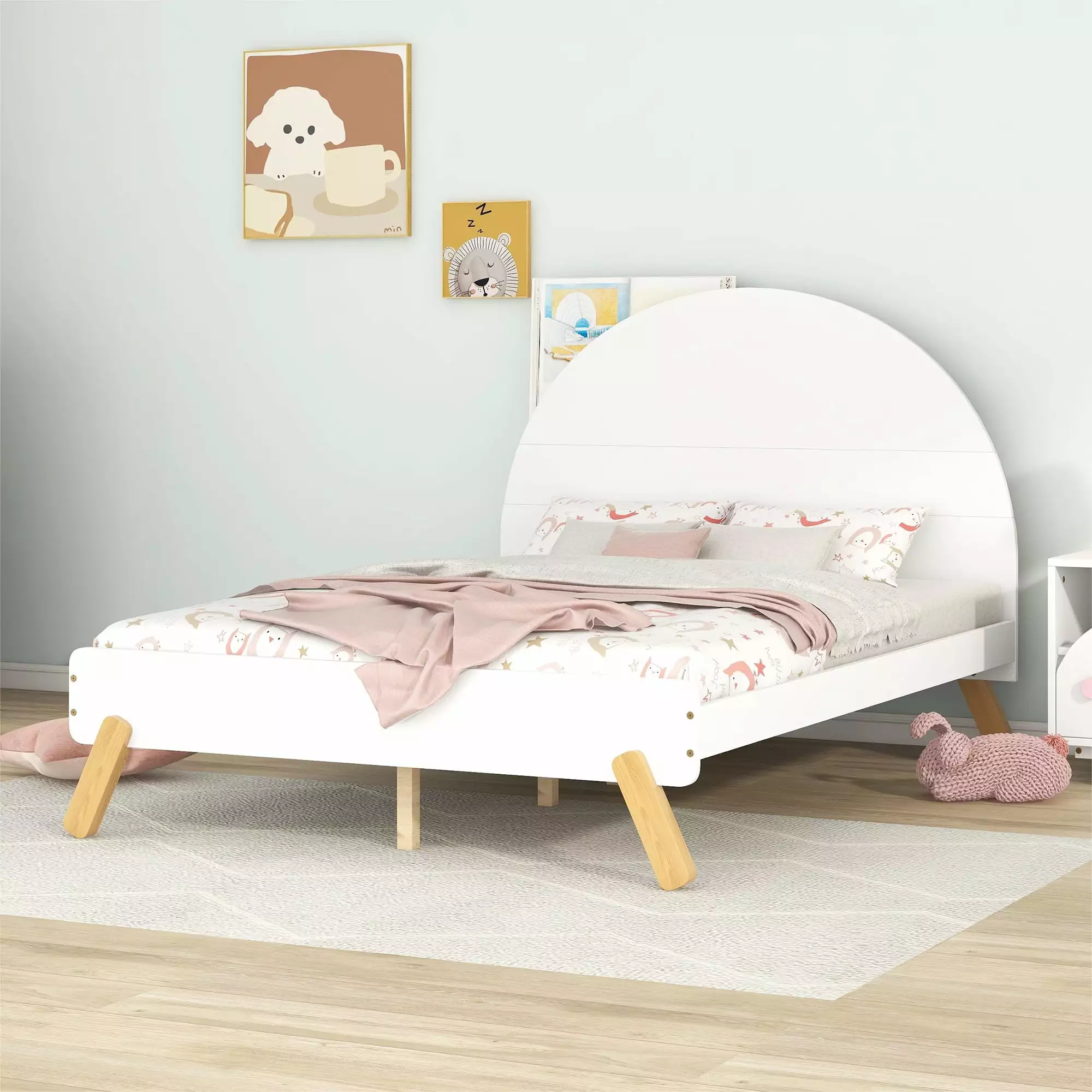 Churanty Wooden Full Size Kids Platform Bed With Curved Headboard with Shelf .White