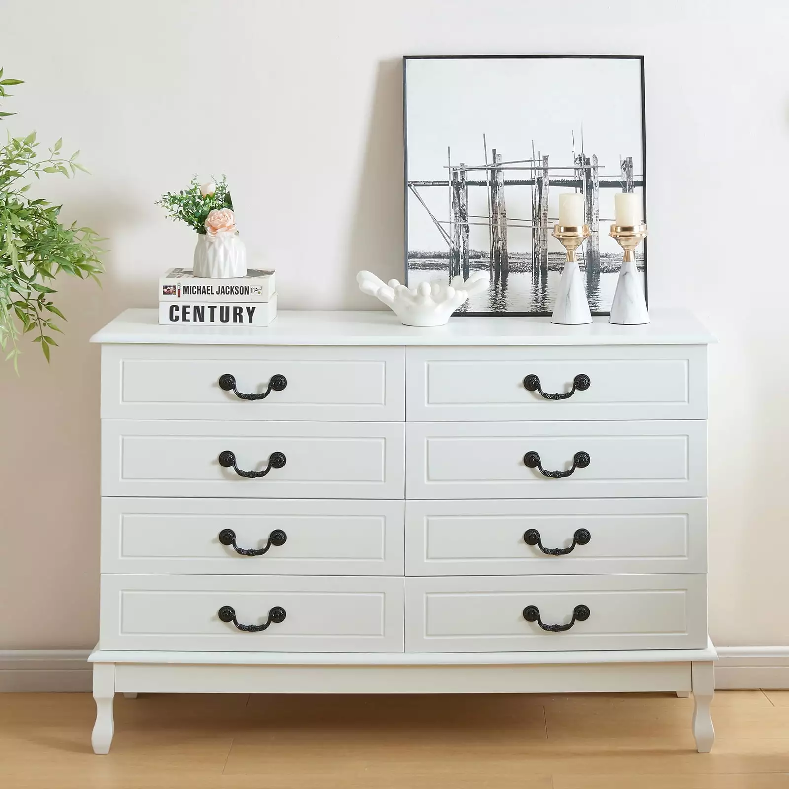 Ciumeeo Bedroom Dressers with Drawers. White 8 Drawer Dresser with Black Handles. Dressers & Chests of Drawers