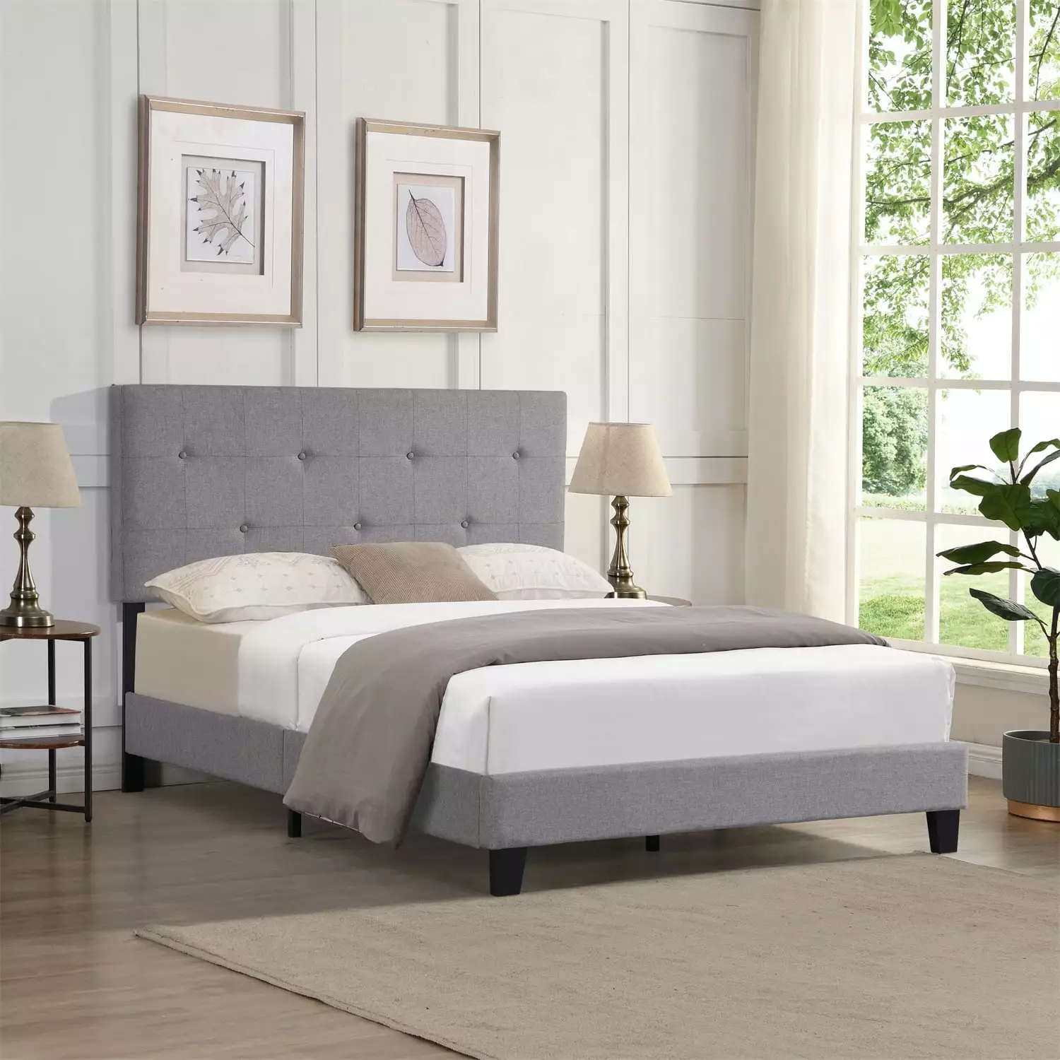 Classic Platform Bed with Button Tufted Headboard. Full Size Linen Upholstered Platform Bed Frame with 10 Slats Supports Wood Bed Frame Perfect for Boys Girls Adult No Box Spring Needed. Gray