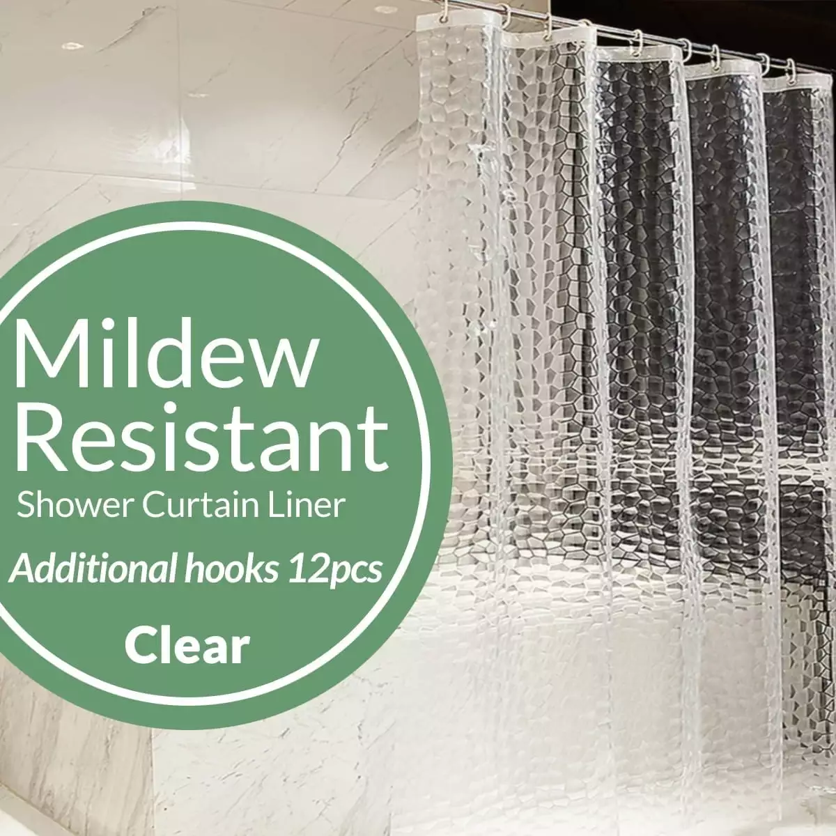 Clear 3D Water Cube Shower Curtain Liner & Hooks. MAZBFF 72 x72 PEVA Mouldproof Plastic Shower Curtain Liner & 12 Hooks. No Odors. Eco Friendly