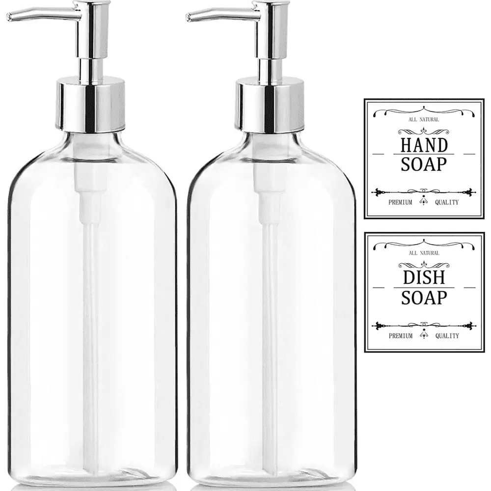 Clear Soap Dispenser. Soap Dispenser Bathroom with Rust Proof Pump. Waterproof Labels (2 Pack.16 Oz). Plastic Hand Soap Dispenser. Dish Soap Dispenser for Kitchen