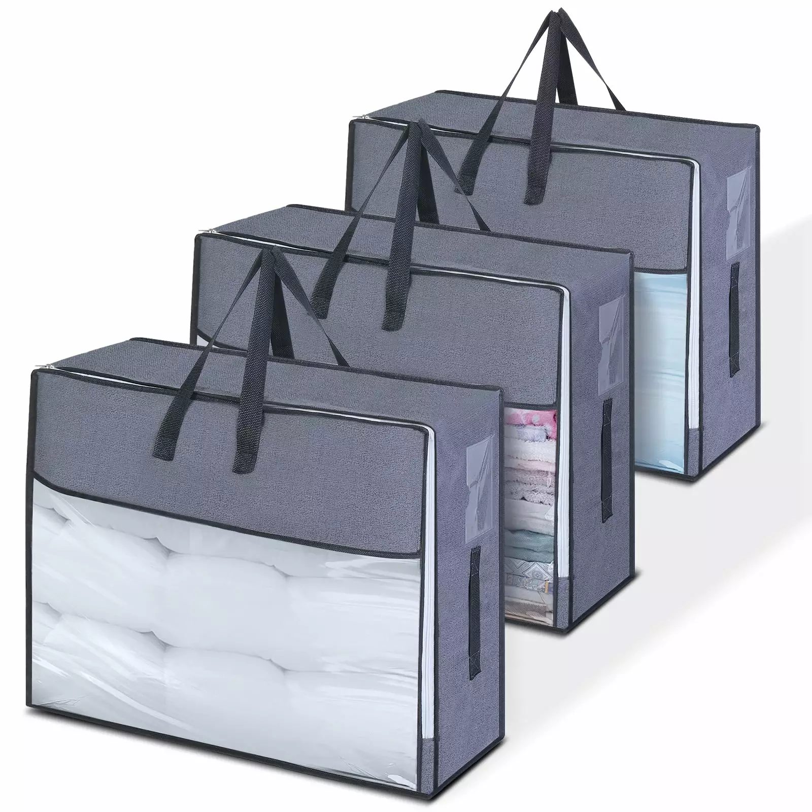 Clothes Storage Blanket Storage Bag. 3PCS Large Capacity Clothes Organizer Bag with Clear Window. Underbed Storage Bag for Clothes. Blanket. Comforters and Bedding. Reinforced Handle. Grey