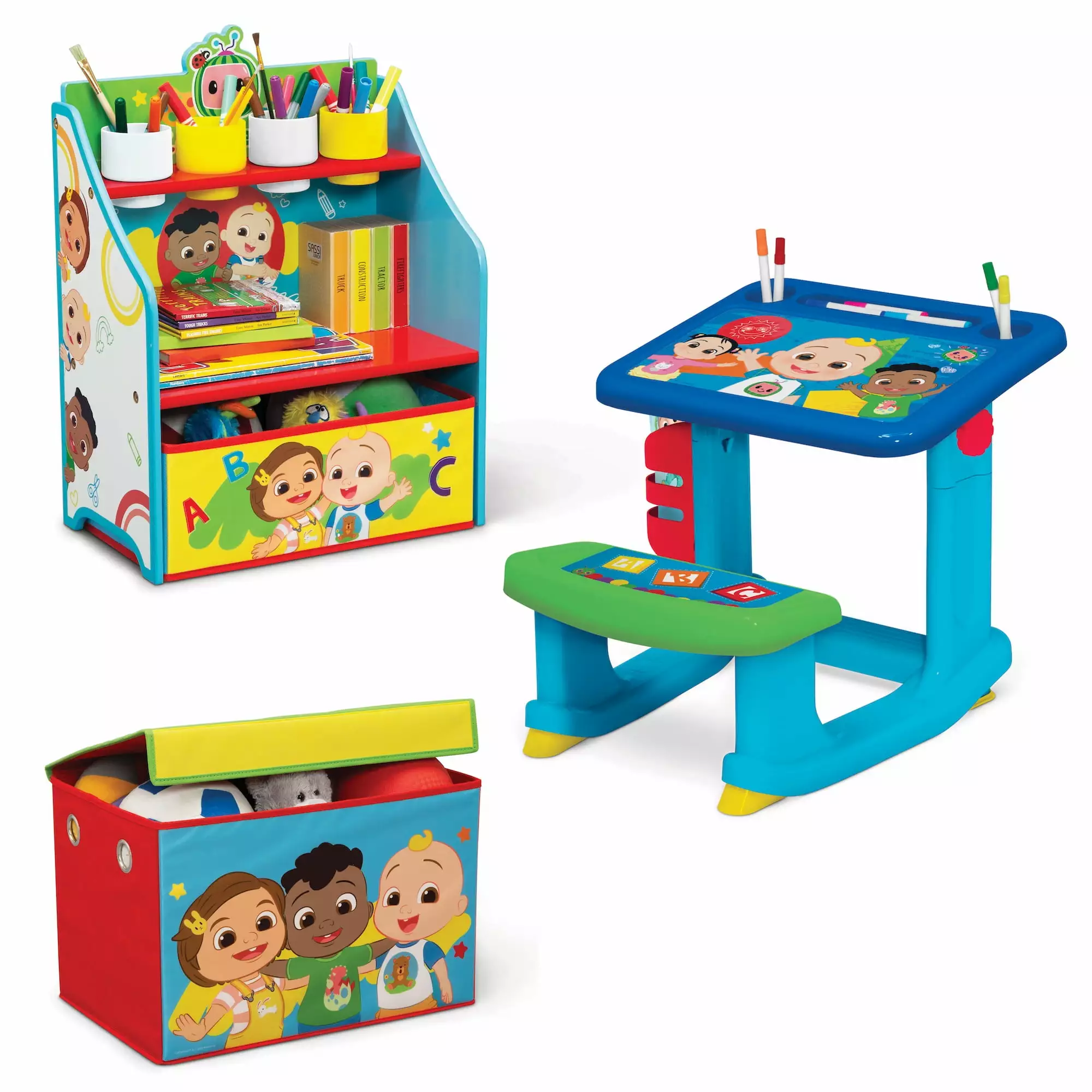 CoComelon 3-Piece Art & Play Toddler Room-in-a-Box by Delta Children ?C Includes Draw & Play Desk. Art & Storage Station & Fabric Toy Box. Blue