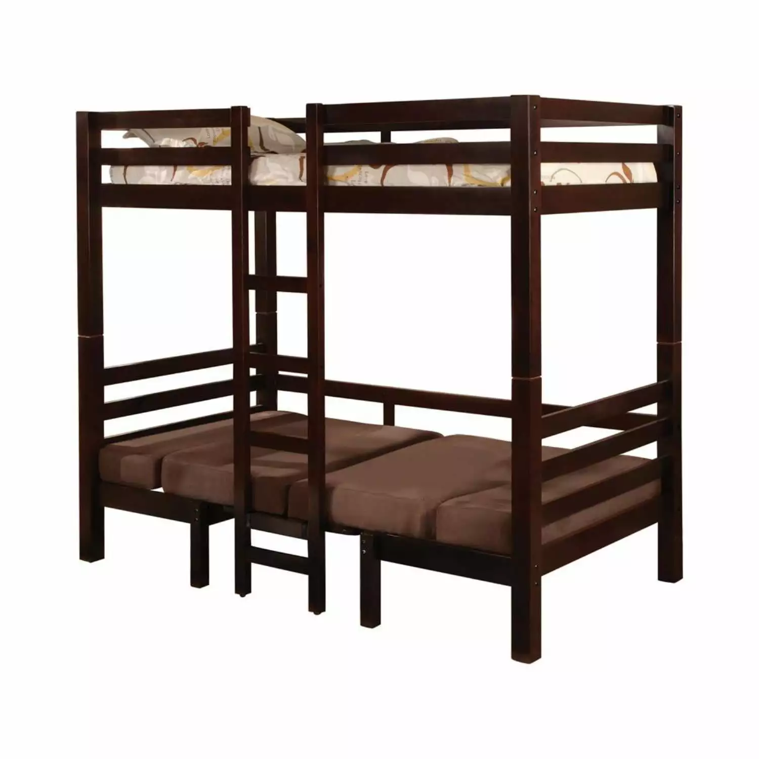 Coaster Joaquin convertible loft bed. twin over twin. Medium brown finish with microfiber uphostered fabric in brown.