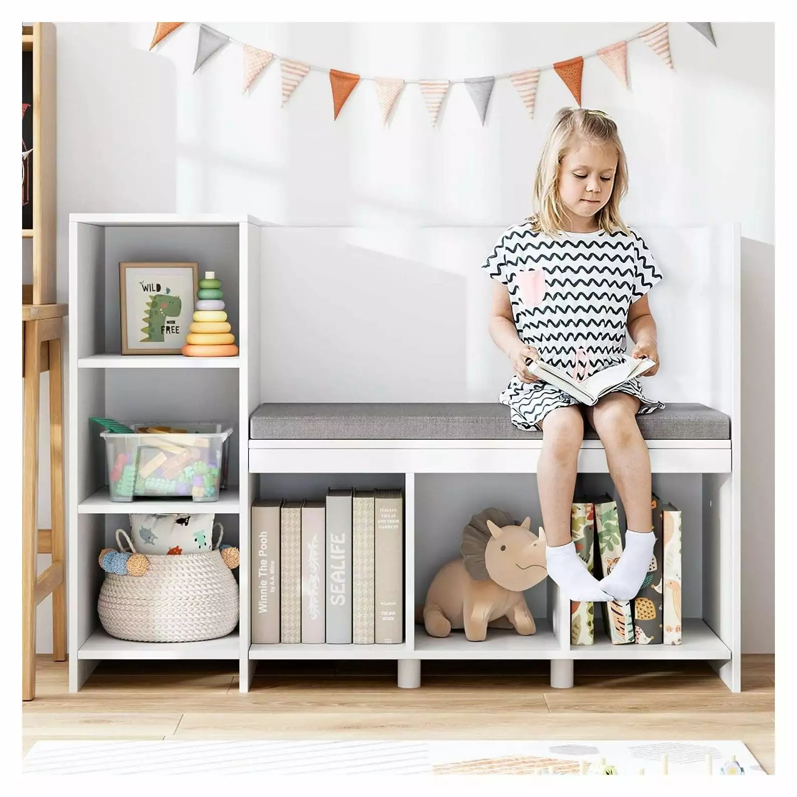 CodYinFI Kids Bookshelf with Reading Nook. 6-Cubby Bookcase with Removable Seat Cushion. Storage Organizer with Adjustable Shelf for Playroom. Bedroom. Entryway. 43.3 L x 15.7 D x 31.7 H. White