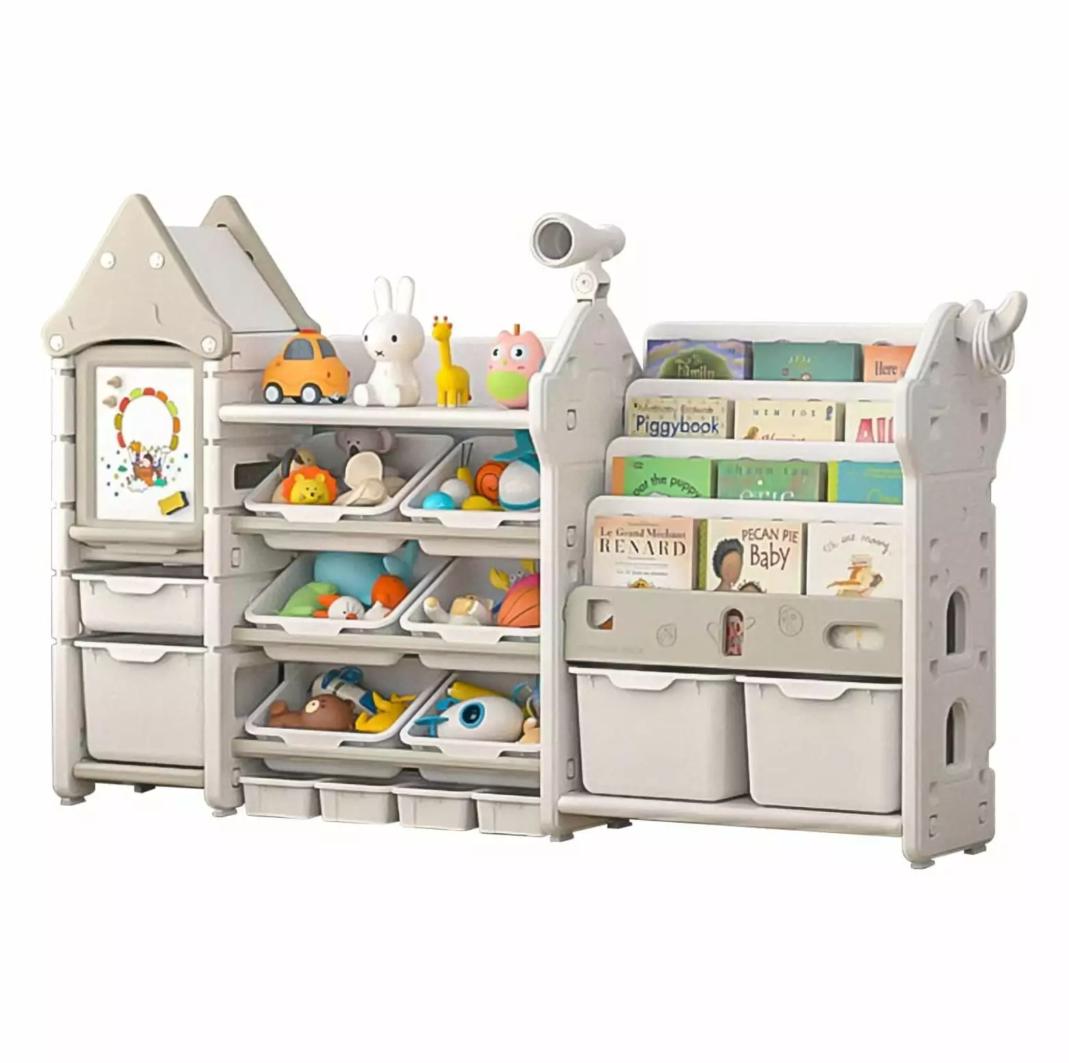 CodYinFI - Kids Toy Storage Organizer and Children Bookshelf. with 14 Bins. Pull-Out Drawers Multipurpose Shelf for Toddlers to Organize Toys and Books (Magic Castle ?C White)