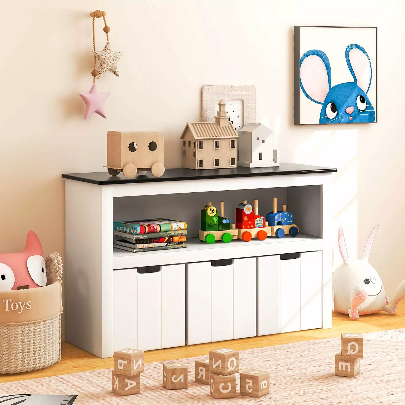 Coelon Kids Toy Storage Organizer. Wooden Children Bookshelf with Blackboard Top White