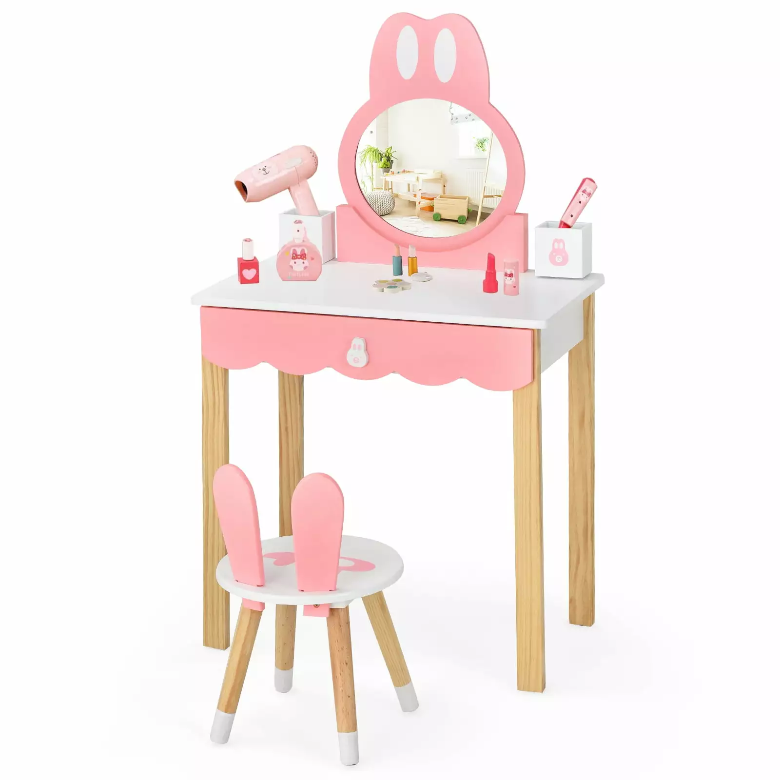 Coelon Kids Vanity Table & Chair Set. Princess Makeup Dressing Table w/ 360?? Rotating Tri-fold Mirror Pink