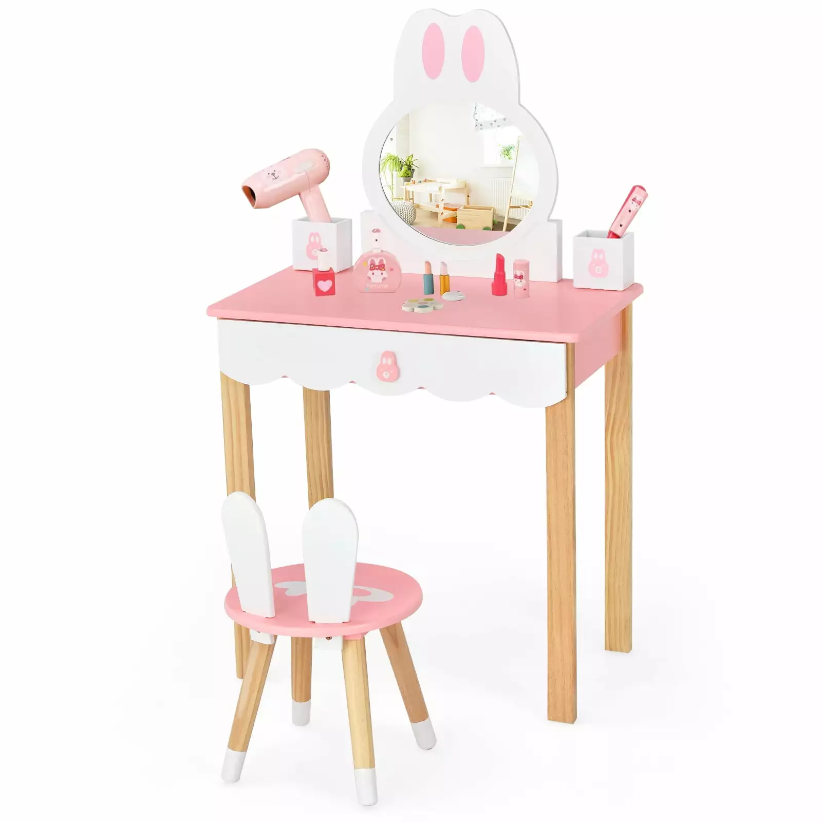 Coelon Kids Vanity Table & Chair Set. Princess Makeup Dressing Table w/ 360?? Rotating Tri-fold Mirror White