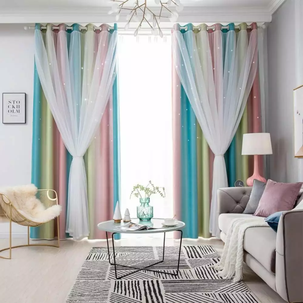 Color Starlight Curtains. Color Striped Hollow Star Curtains. Suitable For Children's Girls Bedroom And Living Room