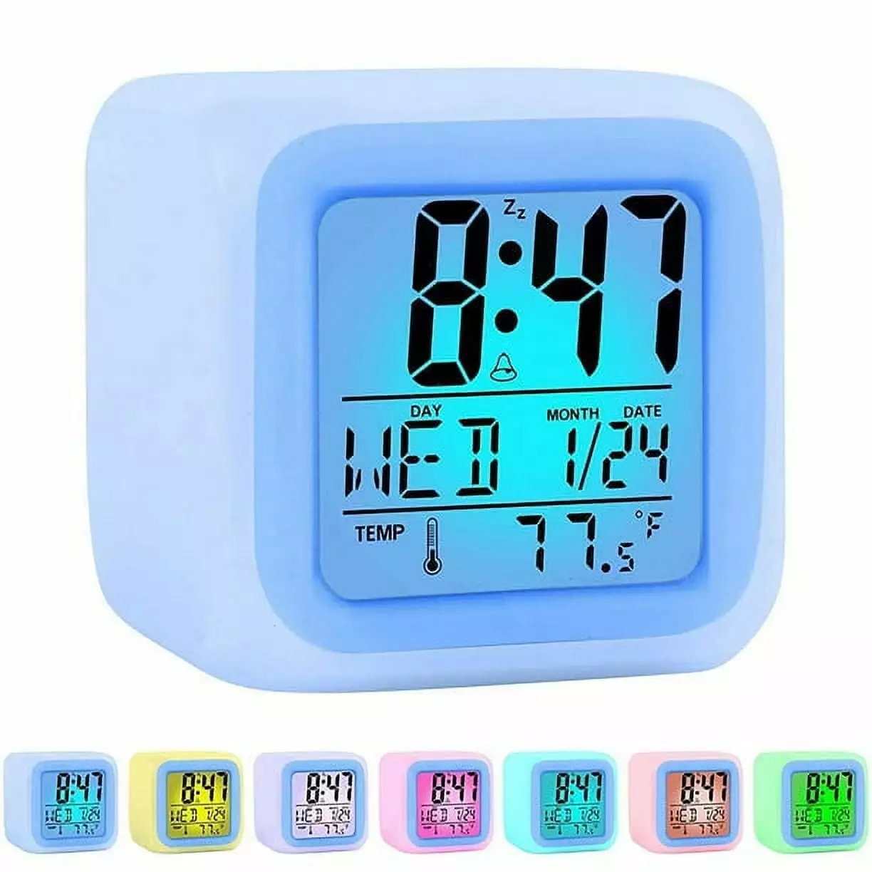 Colorful Alarm Clock Kids Wake Up Digital LED Night Light Clock Travel for Boys Girls. Large Display Time/Date/Alarm with Snooze