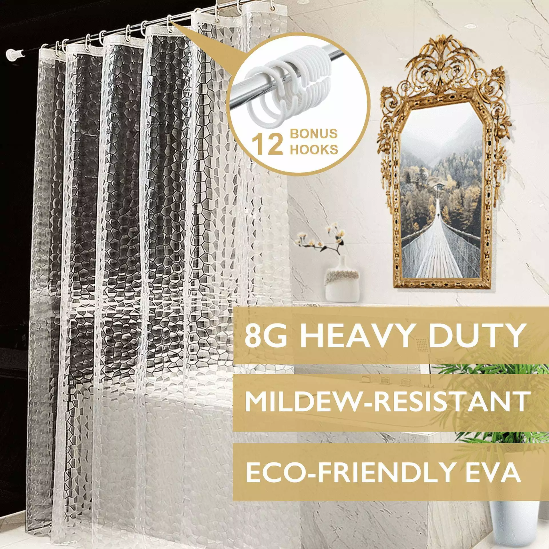 ComfiTime Clear Shower Curtain Liner | 8G Heavy-Duty Mildew/Mold-Resistant Shower Liner with Weighted Magnets. 100% EVA Vinyl. Rustproof Brass Grommets. 12 Bonus Hooks. Waterproof. 72 x 72. Clear