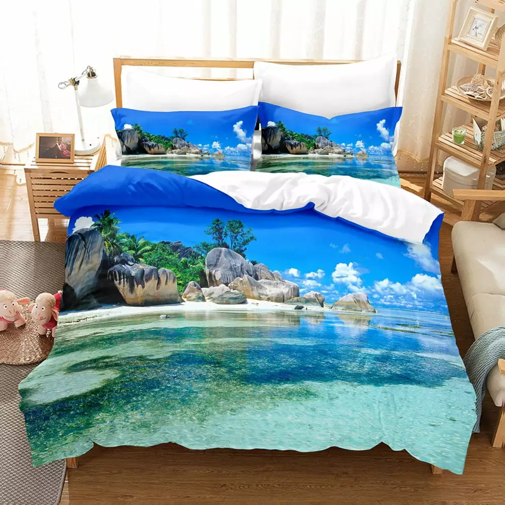 Comfortable Beach Forest Scenery Vacation Leisure Fresh Digital 3D Printing Quilt Set 3PCS