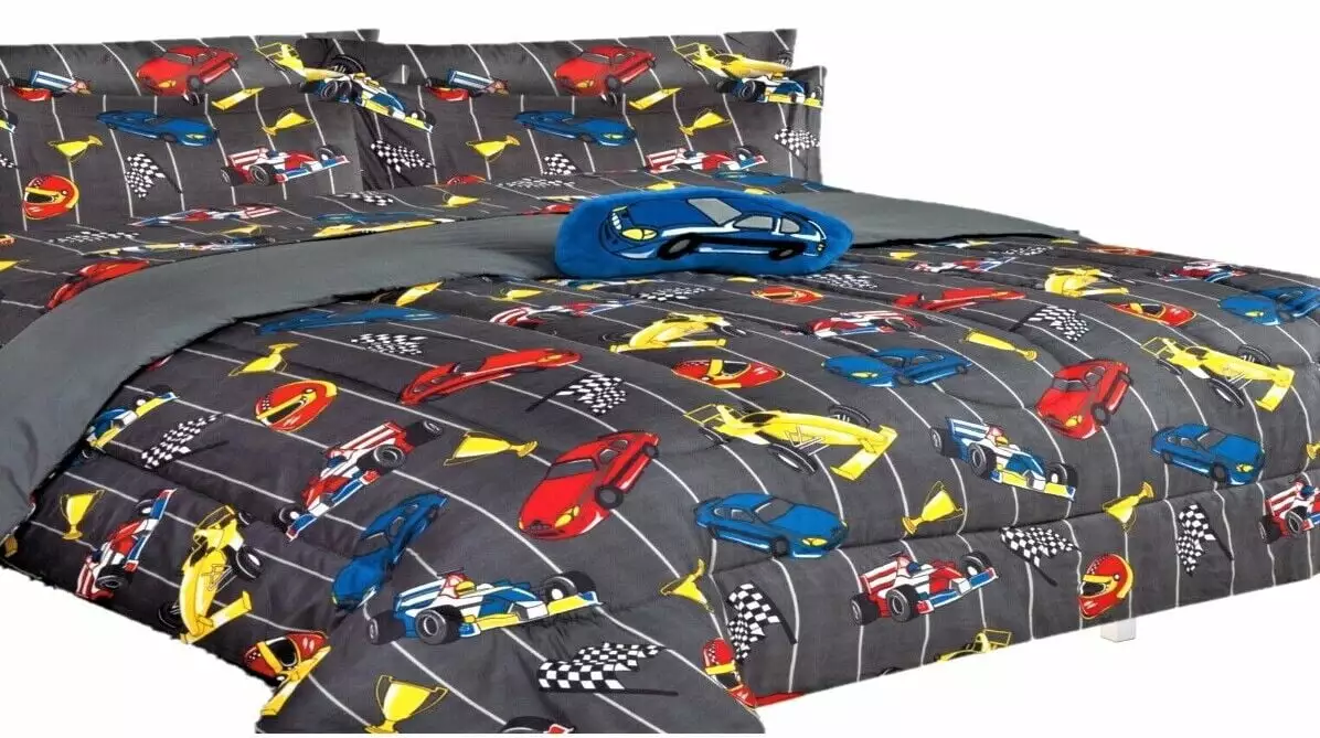 Comforter bed in bag set 6 pieces kids twin size lightweight warm kids bedroom d??cor character design for boys girls race cars grey