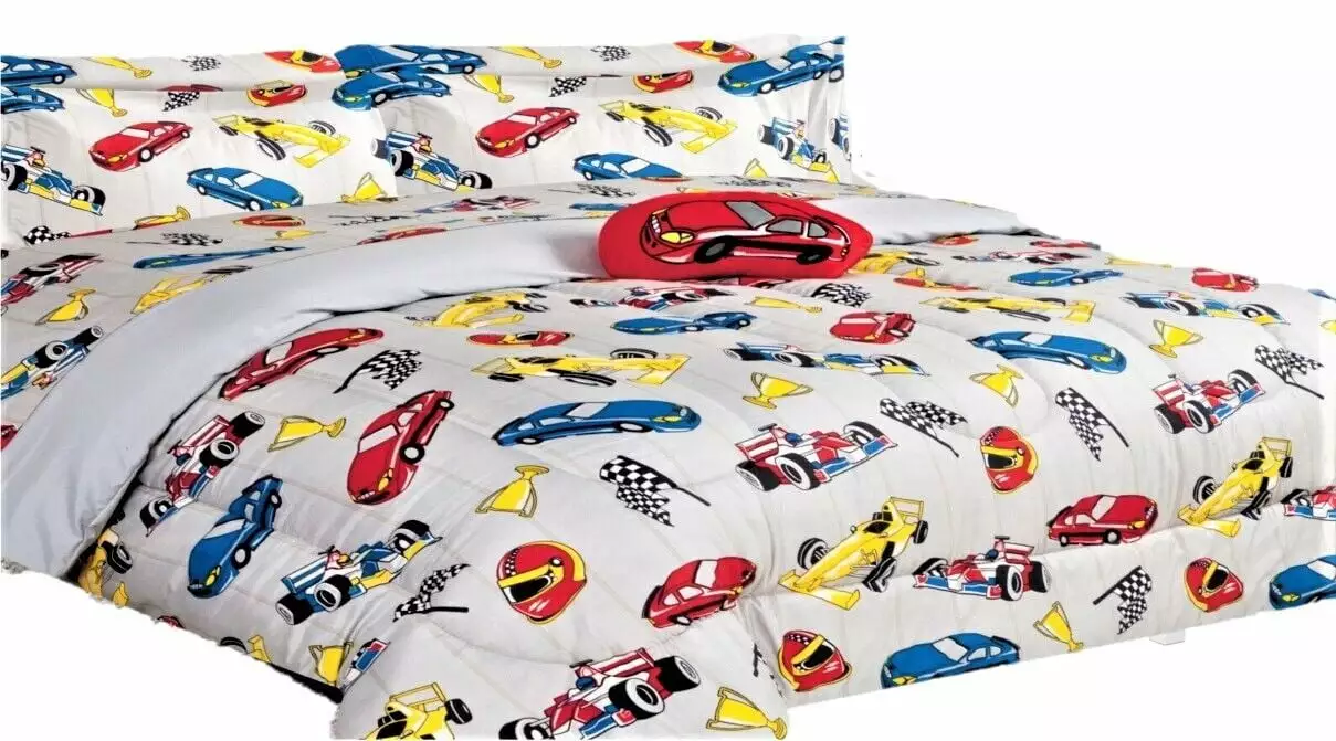 Comforter bed in bag set 6 pieces kids twin size lightweight warm kids bedroom d??cor character design for boys girls race cars red