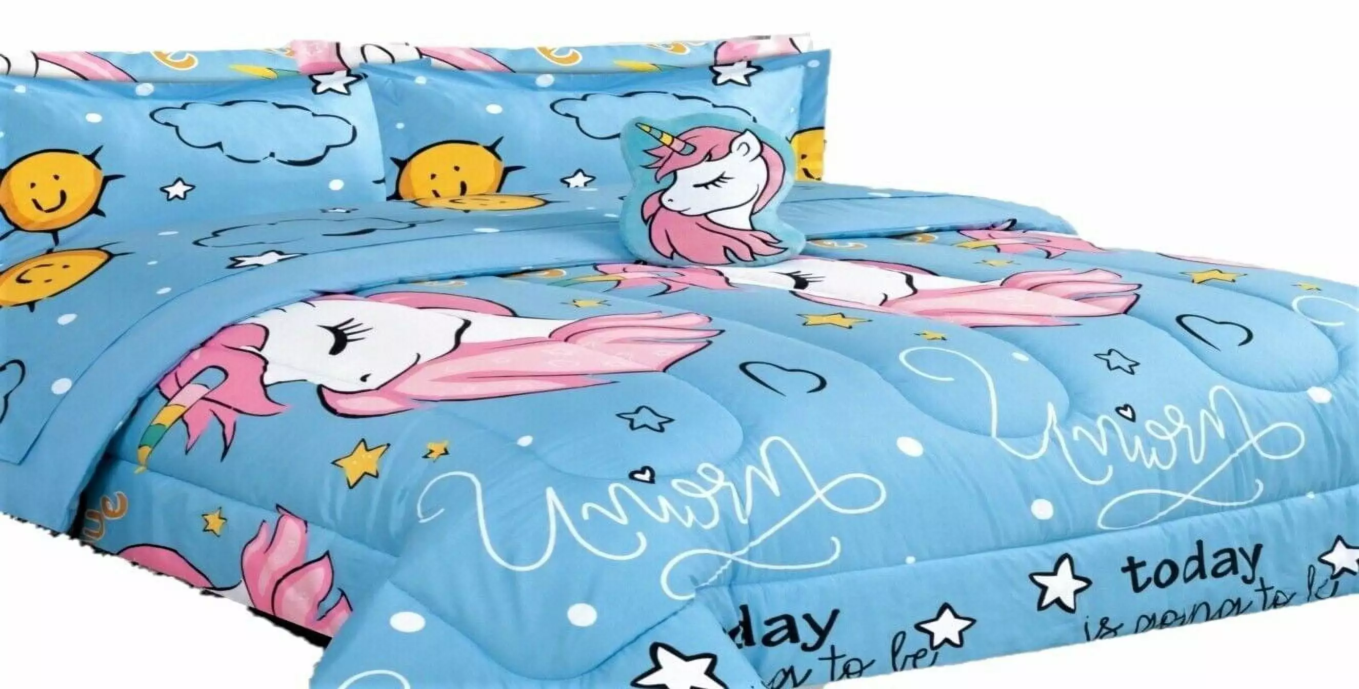 Comforter bed in bag set 6 pieces kids twin size lightweight warm kids bedroom d??cor character design for boys girls unicorn #4 sky blue