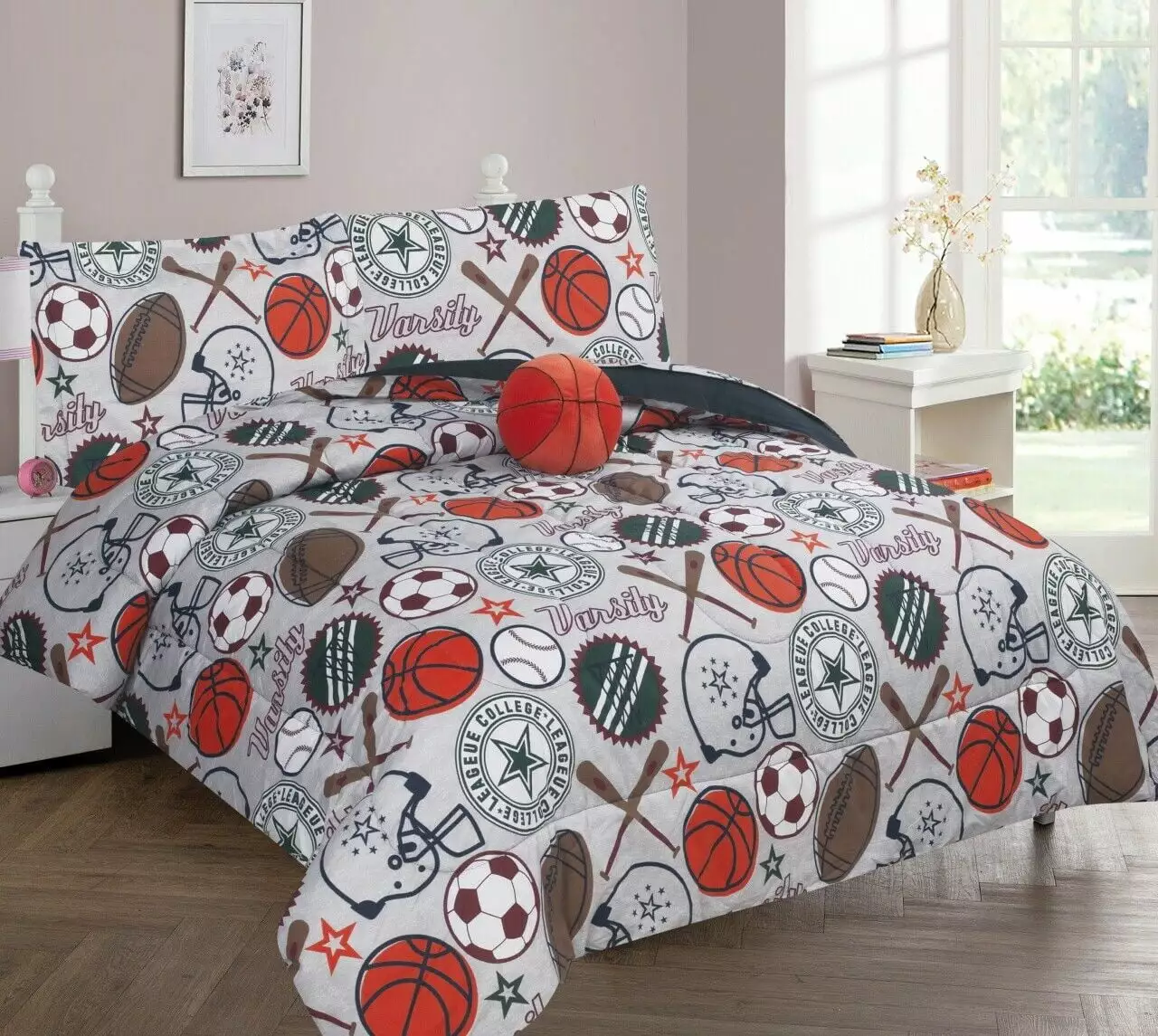 Comforter set matching fitted sheet set and pillow sham plushie toy FULL size basketball bed in bag print design supersoft for girls. boys bedroom d??cor