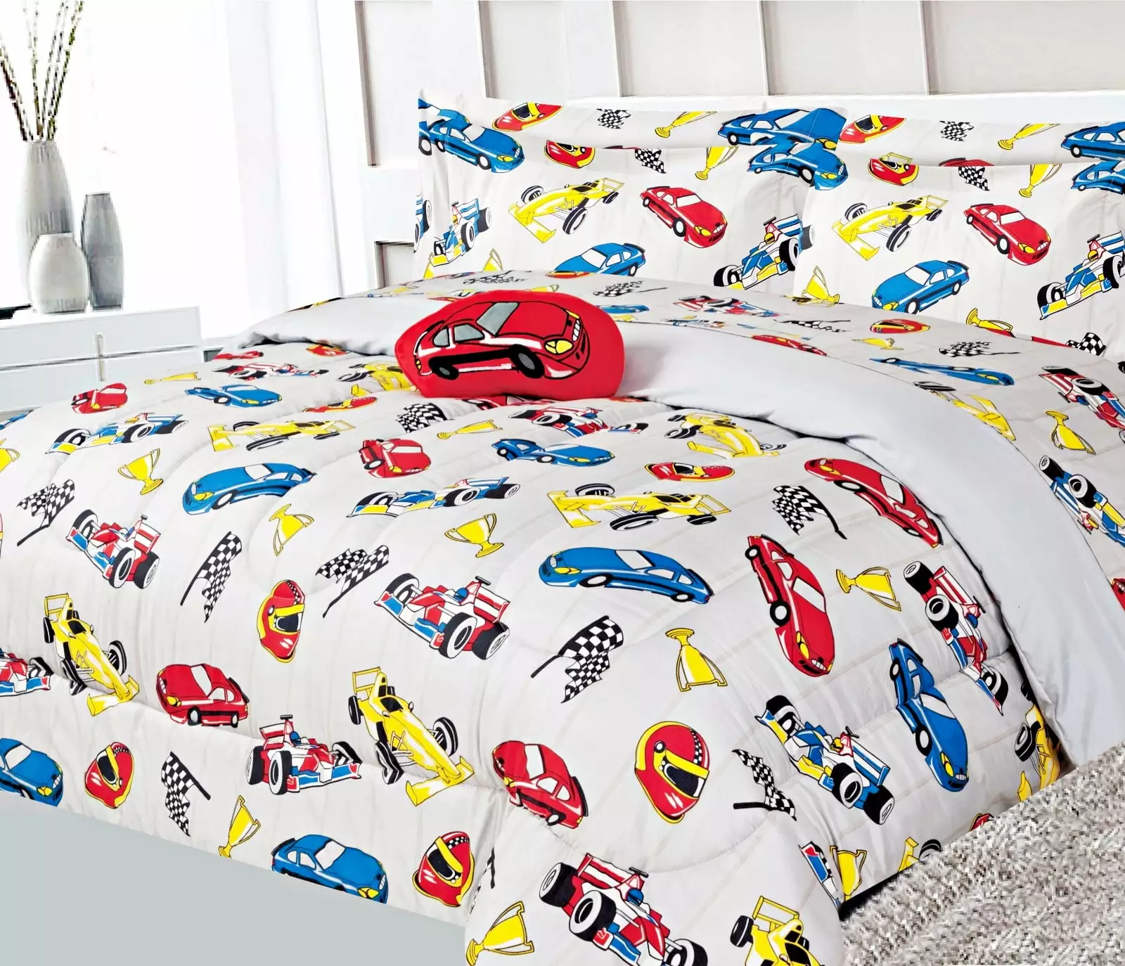 Comforter set matching fitted sheet set and pillow sham plushie toy FULL size excavator truck bed in bag print design supersoft for girls. boys bedroom d??cor